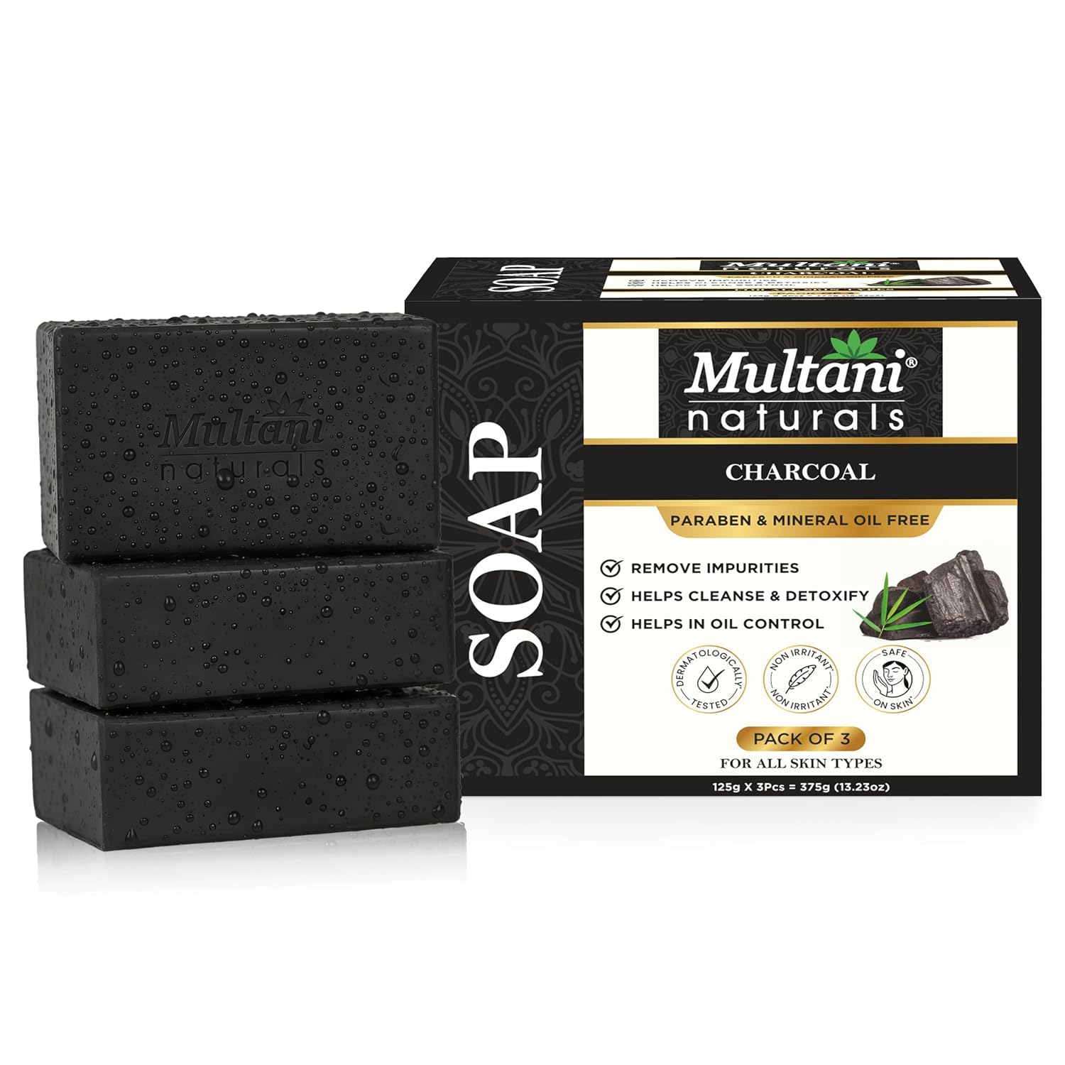Multani Natural Charcoal Soap For Oily Skin (125 Gm - Pack Of 3) | For Blackheads & Acne Prevention | For Deep Cleansing &...