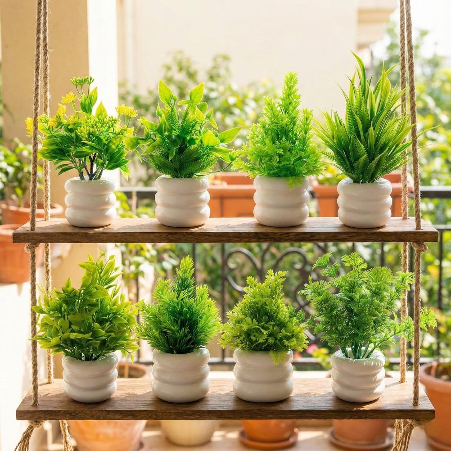 Dekorly Premium Faux Greenery Plant Set in Stylish White Rounded Pots- Set of 8 Eucalyptus Plants pots | Perfect Shelf & Table Accent