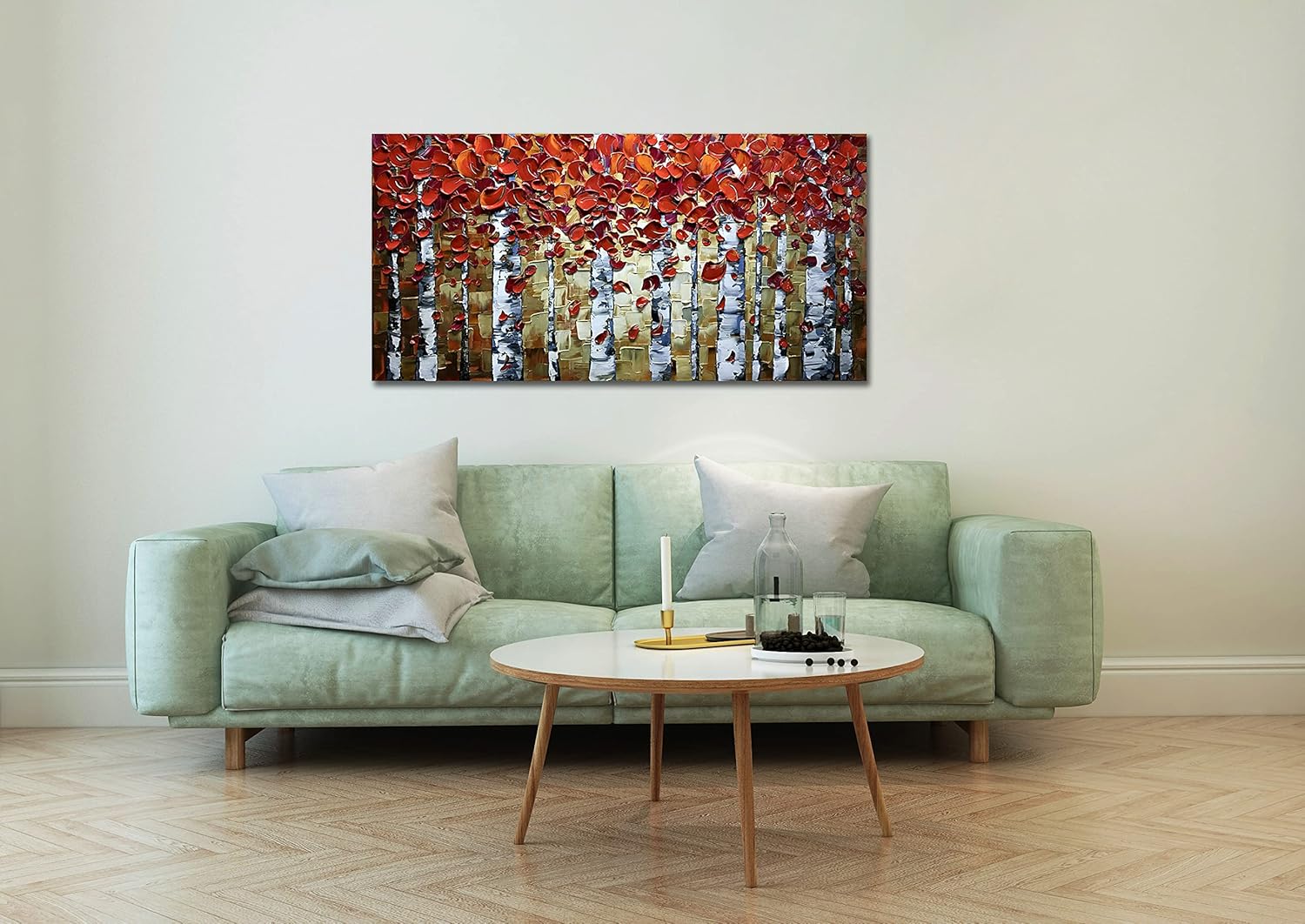 V-inspire art, 24x48 Inch Paintings Oil Abstract Red Birch Trees Wall Art Contemporary 3D Hand-Painted On Canvas Artwork Art Wood Inside Framed Hanging Living room Bedroom Wall Decoration