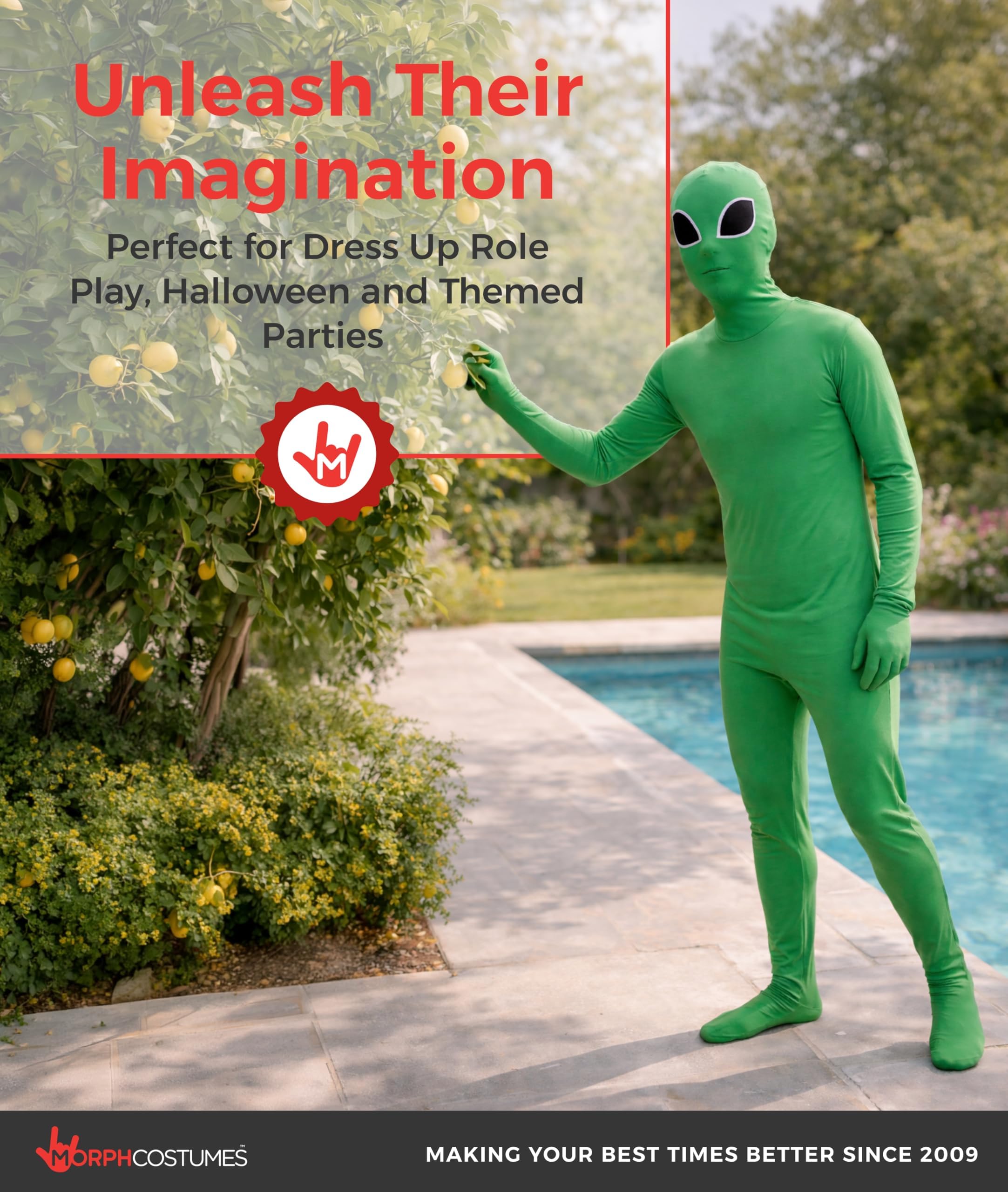 Morphsuits Przebranie Kosmity dla Dzieci - Zielony Kombinezon z Fluorescencyjnymi Detalami, Halloween, XL