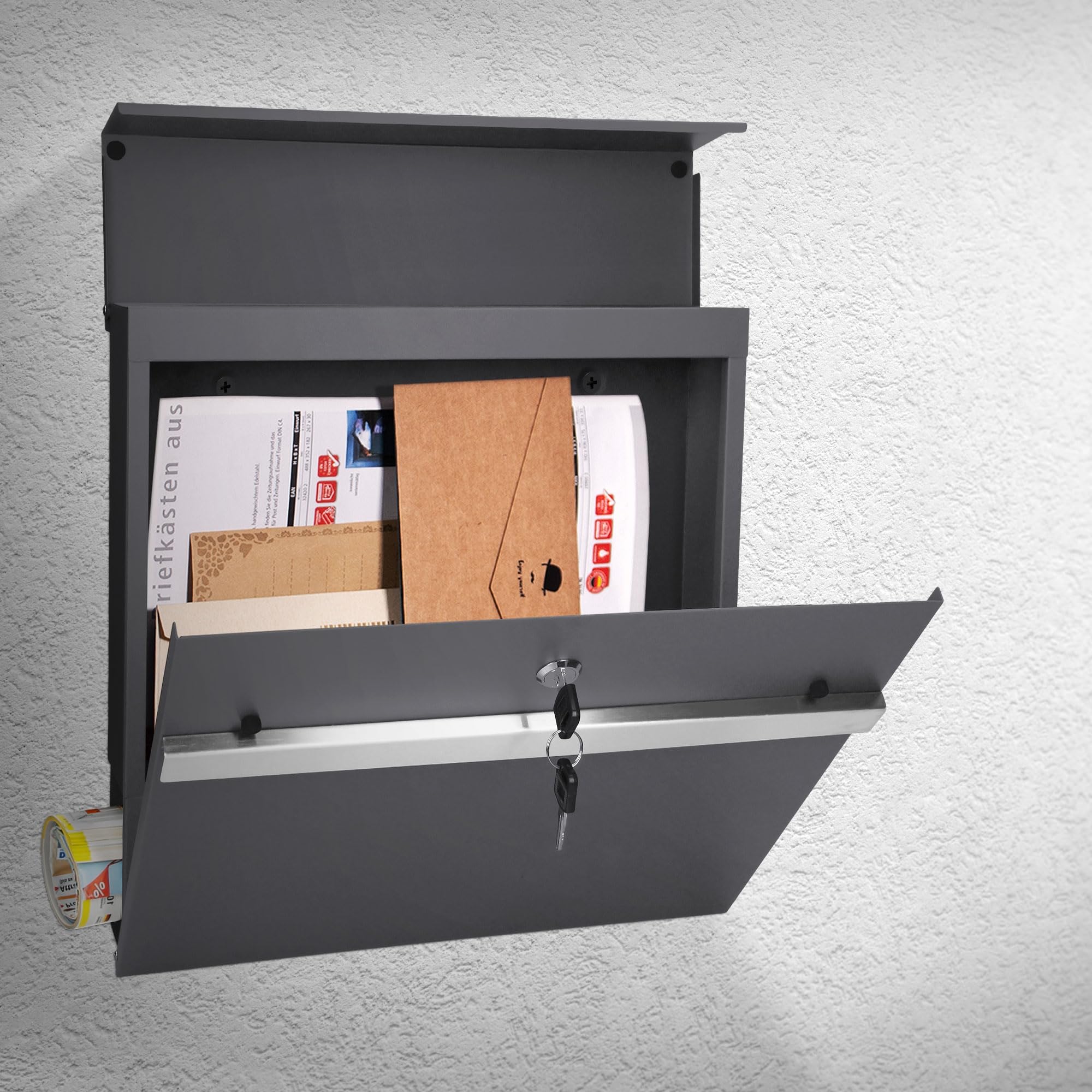 ECD Germany Buzón Correos Exterior Diseño Moderno de Pared con Compartimento para Periódicos 37x11x36,5 cm de Acero con Recubrimiento de Polvo Gris Antracita Incl. 2 Llaves con Material de Montaje