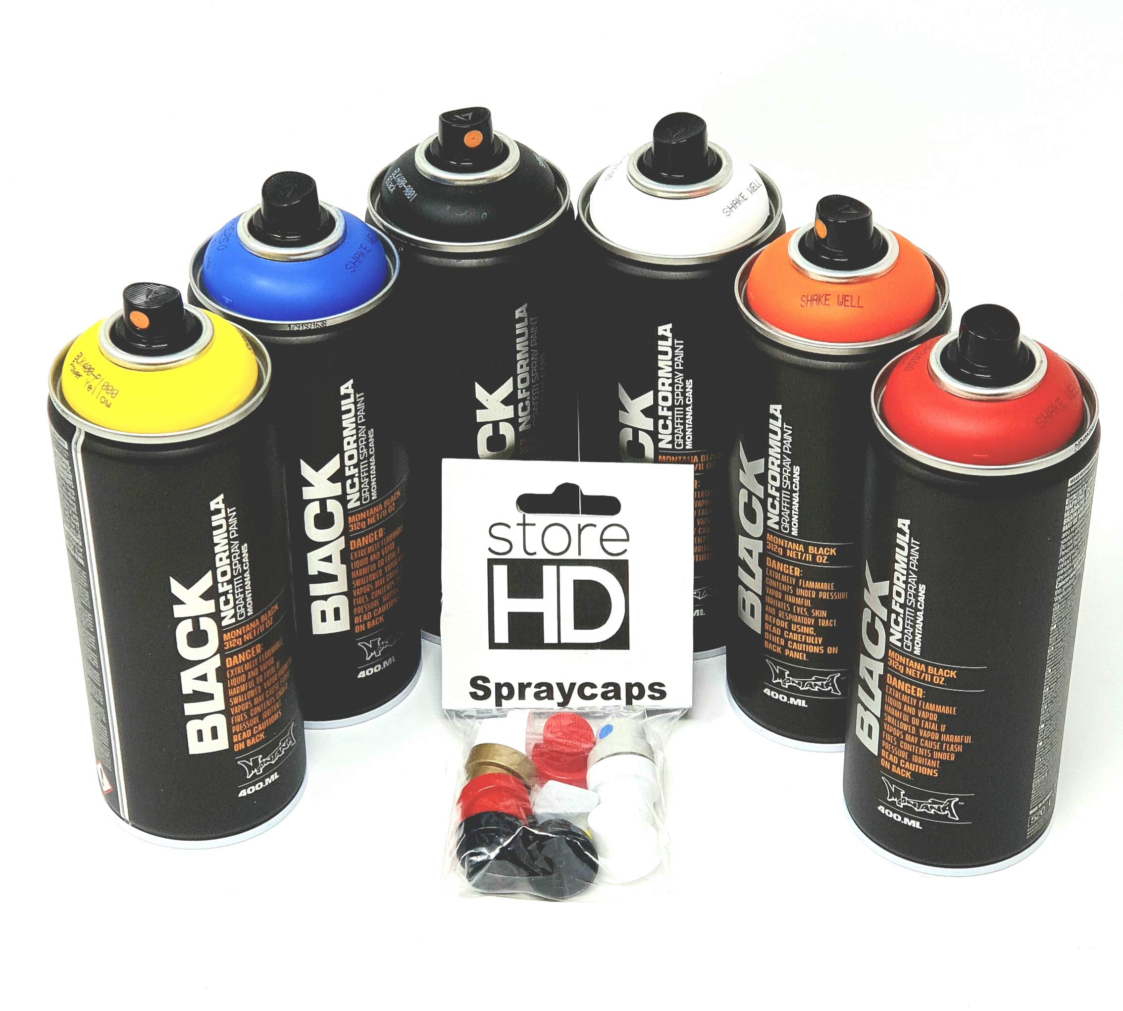 Montana Black Sprühdosen Set, 6 Wildstyle Farben + 10 Ersatzsprühköpfe - 6 x 400ml