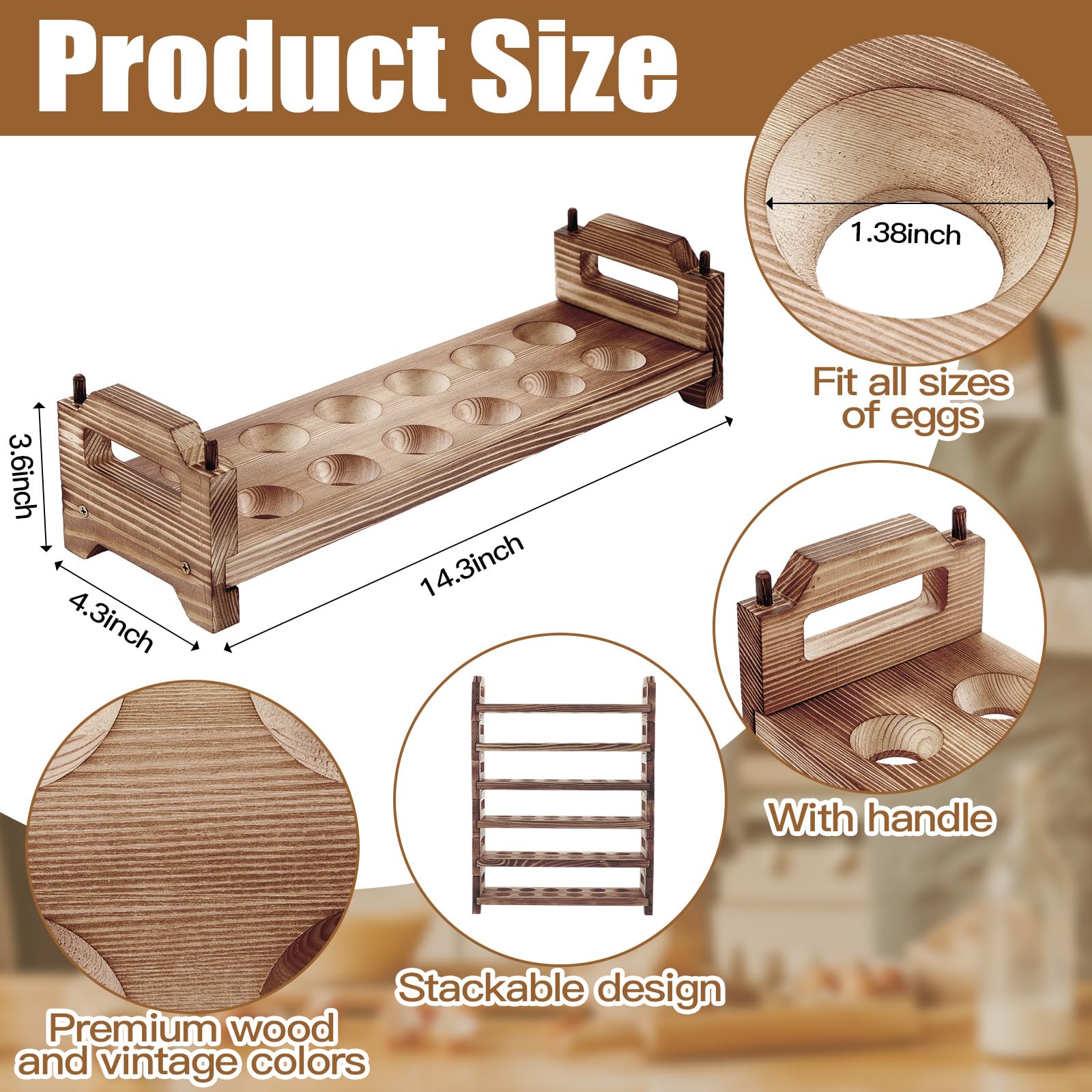 Maxcheck Soporte para huevos de madera de 6 capas para encimera, apilable, soporte para huevos de madera, almacenamiento de hasta 72 huevos, estante para huevos con asas, estante para huevos,