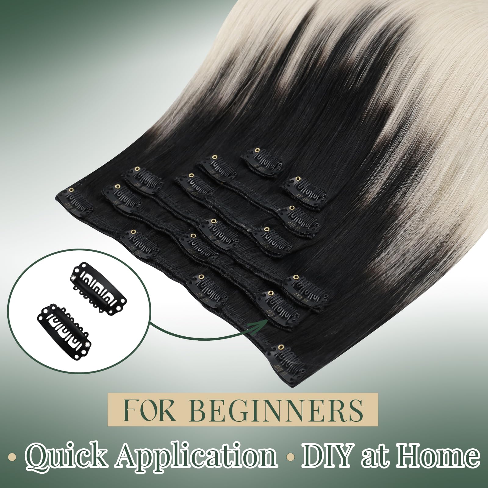Ugeat Przedłużanie Włosów Clip in, Włosy Ludzkie, Ombre Naturalna Czerń do Blondu, 35 cm 7 sztuk 105g, Włosy Clip in Extensions Platynowy Blond, Remy Naturalne Proste