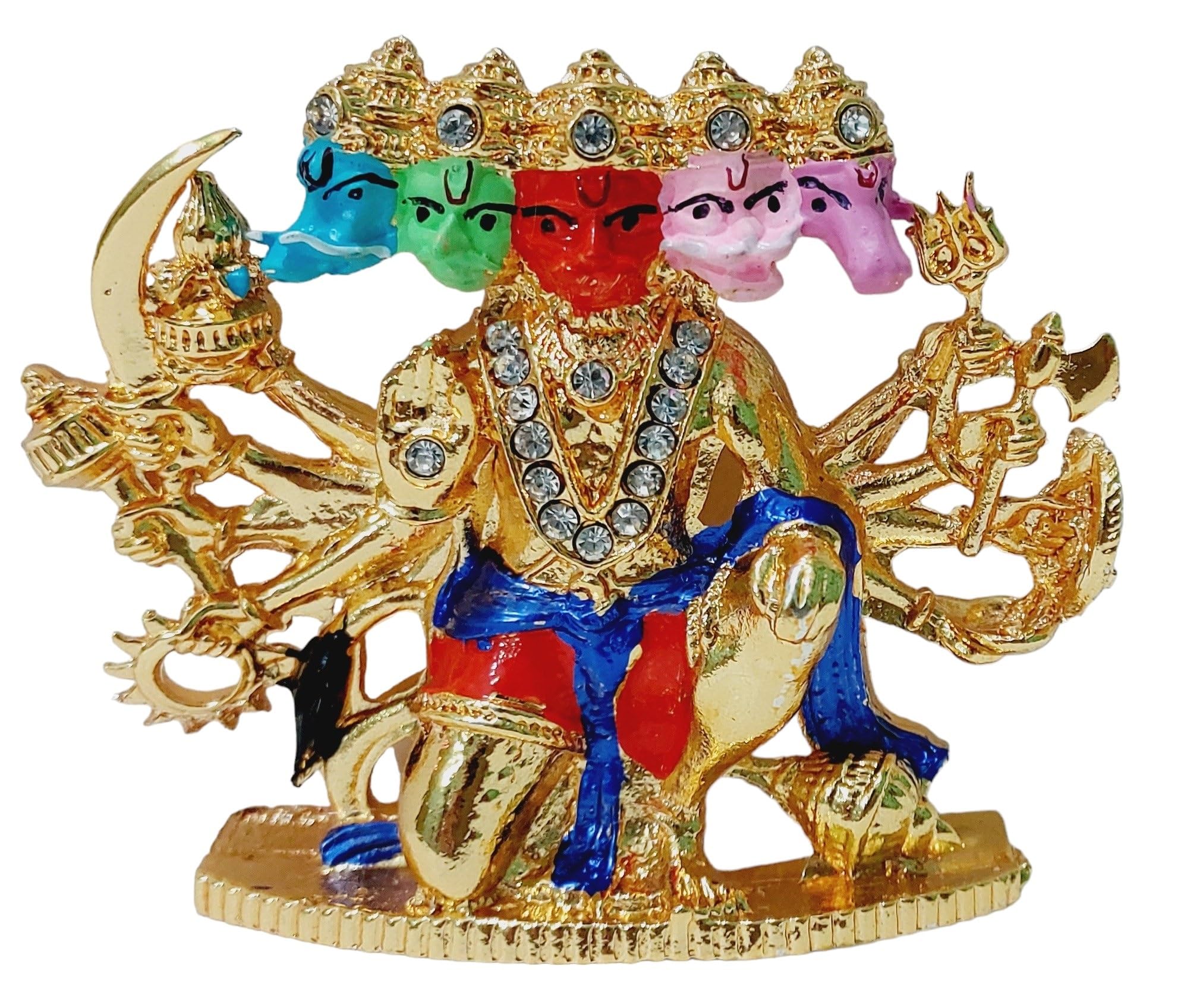 Snabs Panchmukhi Hanuman ji Bejeweled Metal God Idol for car Dashboard, Bajrang Bali Statue Murti Figurines for Mandir, Office, Desks, Home, Orange-Golden