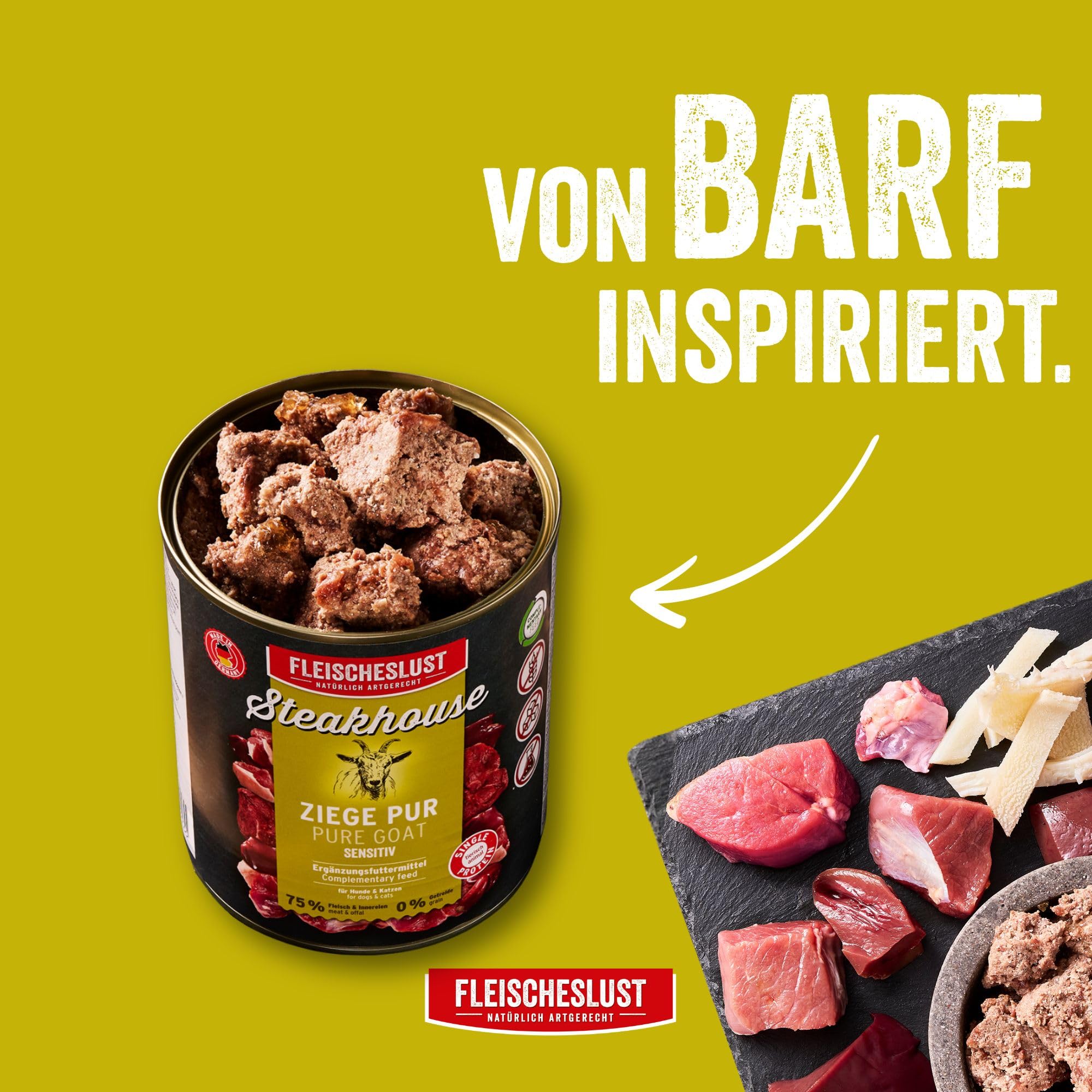 Fleischeslust Comida húmeda para perros y gatos | Steakhouse cabra pura (6 x 800 g) | latas de carne pura | monoproteína | alimentos complementarios | sin cereales | sensible