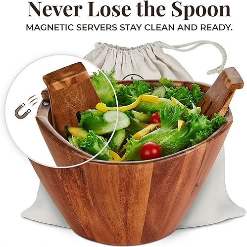 Miniatura 3 de Night Tree Ensaladera grande de madera con tenedores para servir, juego de ensaladera de madera para alimentos o frutas, utensilios magnéticos aptos