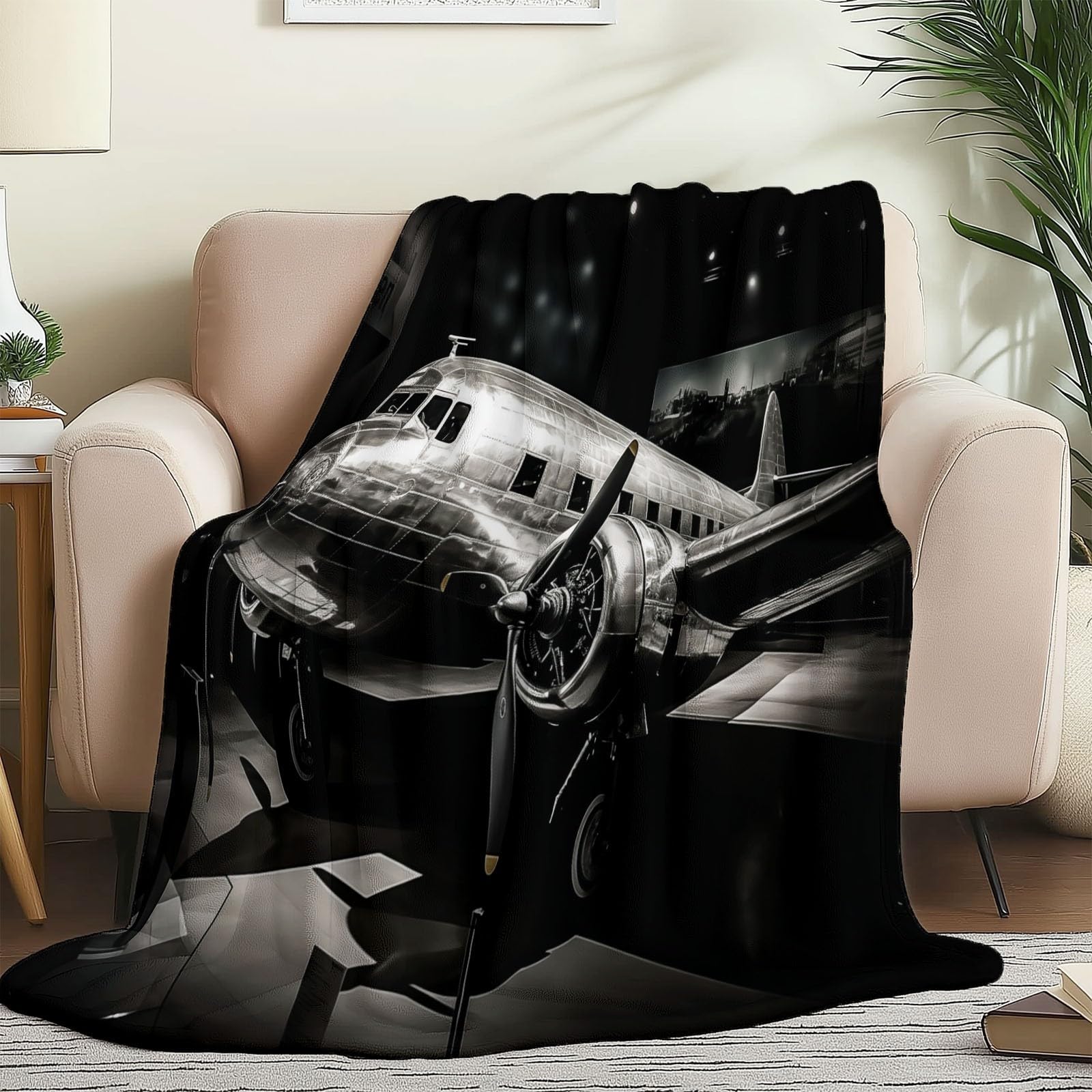 Koc polarowy 200 x 220 cm samolot zabytkowy czarny flanelowy koc polarowy dla 2 osób, z nadrukiem, miękki i ciepły na sofę
