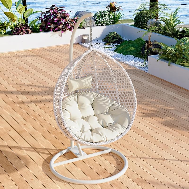 Hanging Egg Chair Outdoor Indoor, Wicker Swing Egg Chair with Stand, Rattan Basket Chair with Cushion and Pillow, 300lbs Capacity for Outside Bedroom Patio Garden Balcony Yard (White) image 4