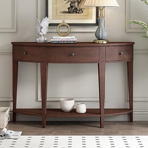 Miniatura 82 de Polibi Mesa consola curvada retro con estante de estilo abierto y 4 cajones superiores, mesa de entrada de media luna de 52 pulgadas de ancho con