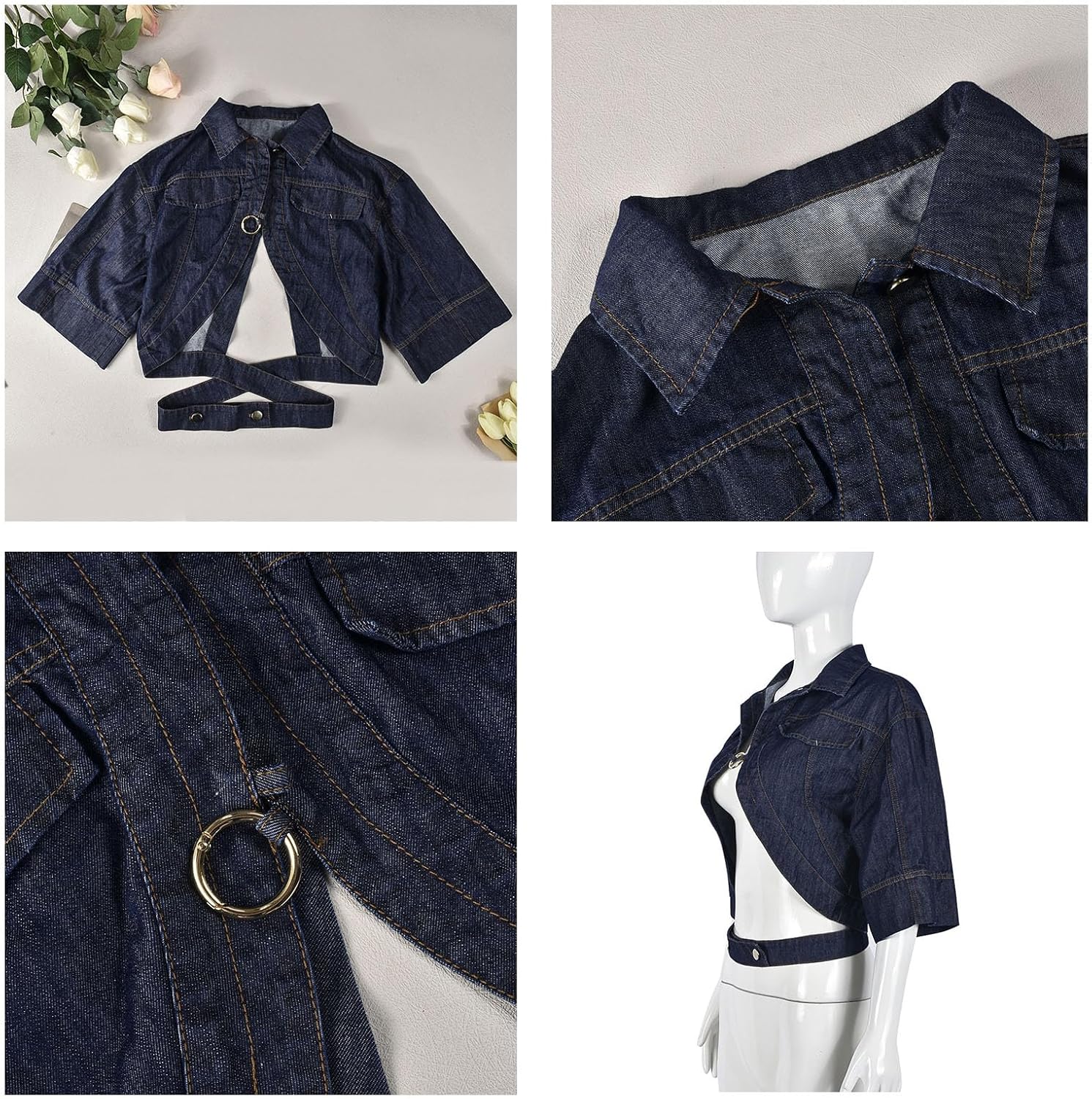 Casual Cropped Jacket Women Fall Fashion Short Sleeve Lace-up Coat Trendy Hollow Out Women's Clothes - Image 5