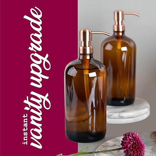 Miniatura 6 de Kitchentoolz - Botellas redondas grandes de vidrio ámbar de 32 onzas con bombas de acero inoxidable y embudo Ideal para lociones jabones de