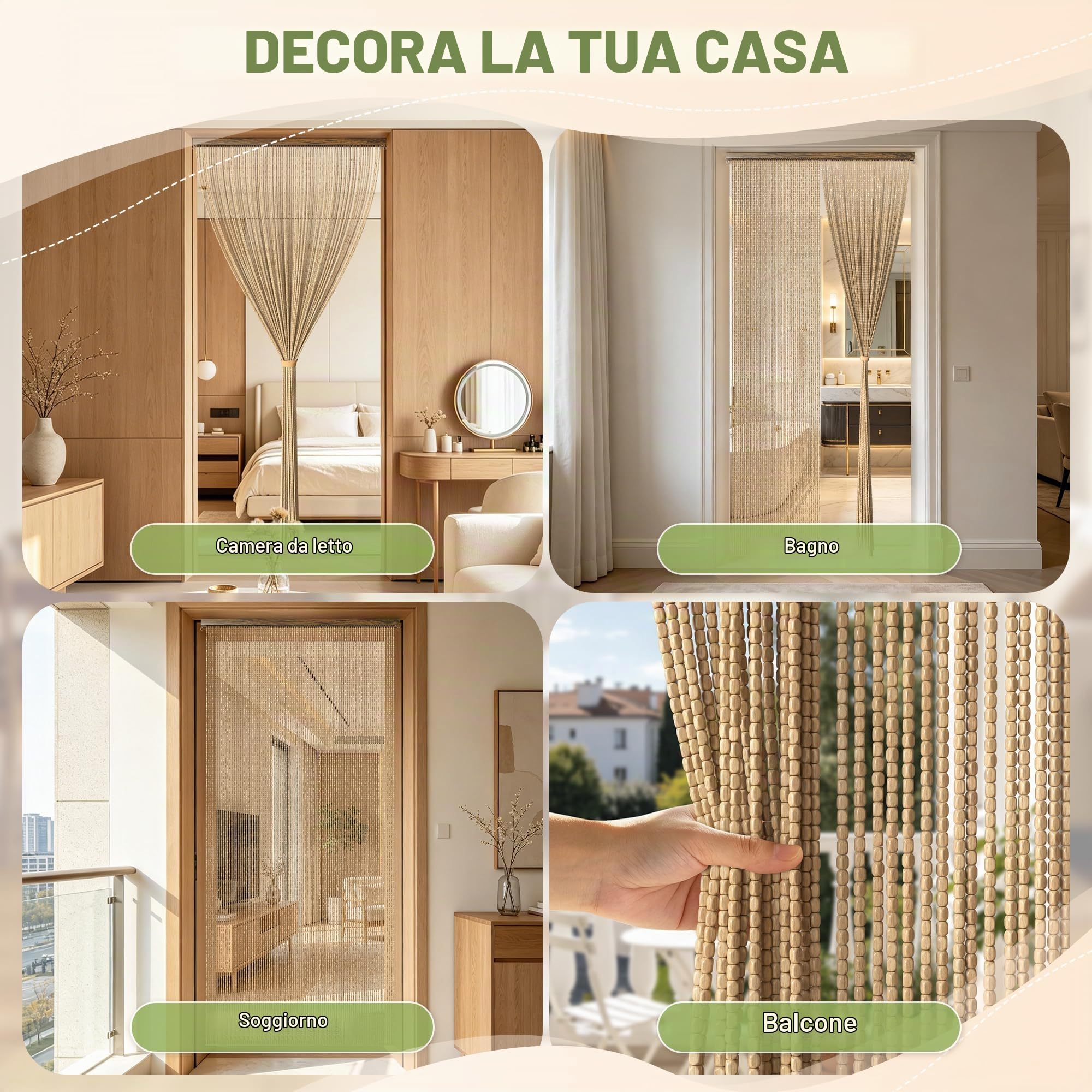Tenda Perline Legno, Tende Bambu per Porta a 90 Fili per Interno | Decorativa Tendina Interni Divisorio per Soggiorno Camera da Letto Caffè Ristorante (Beige, 90x200cm, 90S)