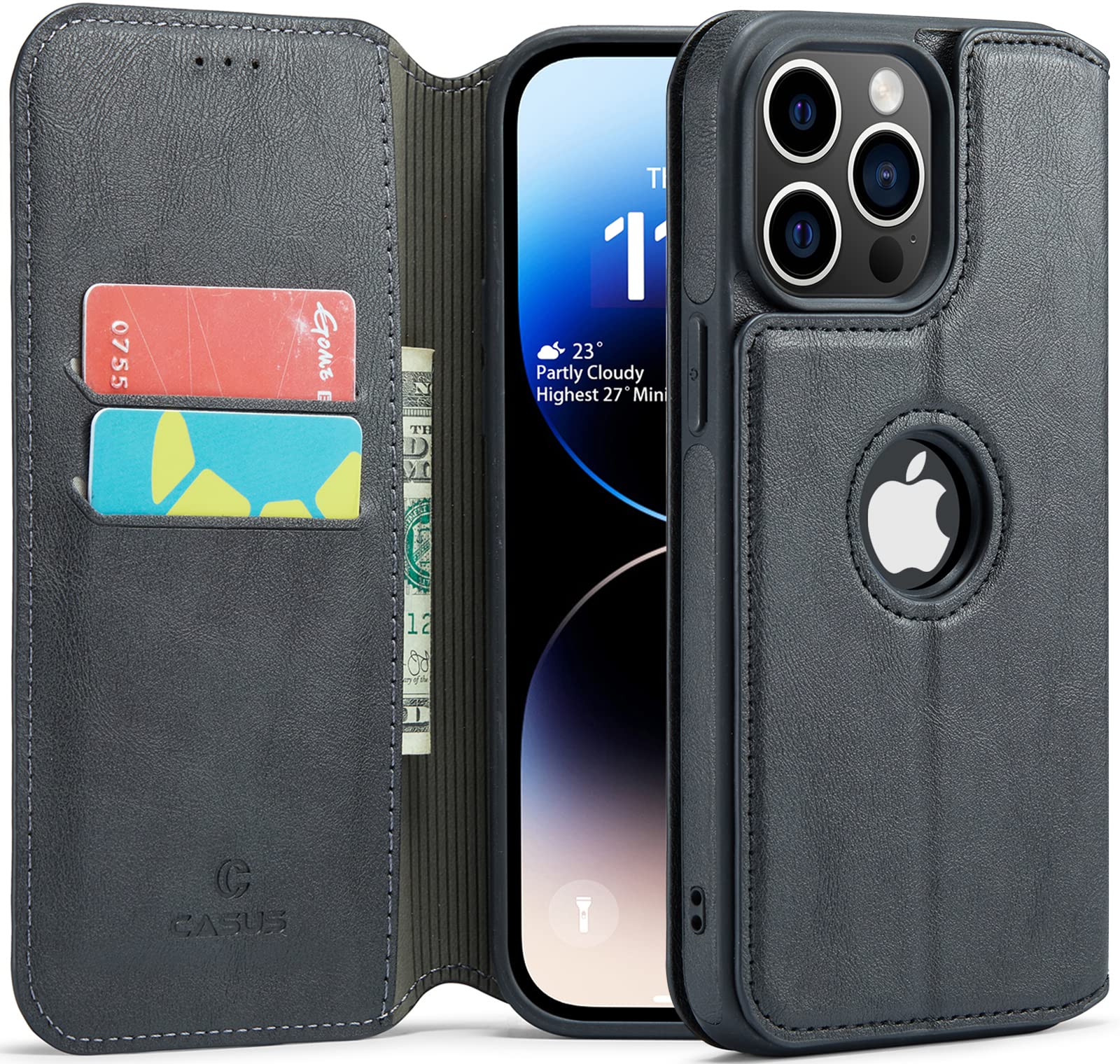 Casus Logo View Compatible with iPhone 14 Pro Max Wallet Case Slim Faux Leather with Card Holder Slot Thin Magnetic Flip Cover (2022) 6.7