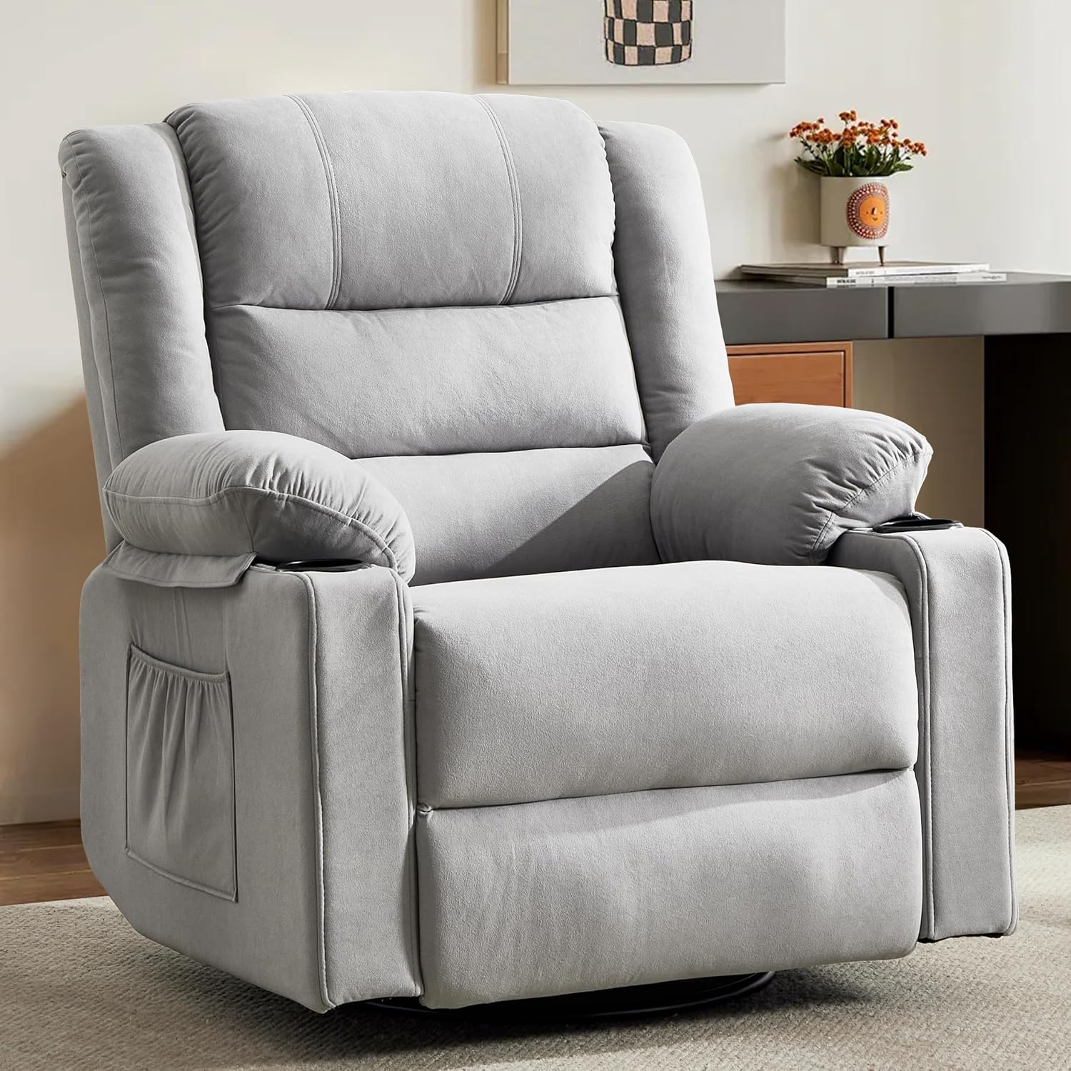 360°Swivel Rocker Recliner Chair for Adults,Manual Glider Recliner Sofa with Massage and Heating, Nursery Rocking Chairs with Cup Holds for Living Room Bedroom (Light Grey)