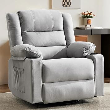 Rocking Recliner Chair for Adults, 360 Swivel Rocker Recliner with Massage and Heating, Manual Glider Rocking Chair with Cup Holders for Living Room Bedroom NurseryLight Gray