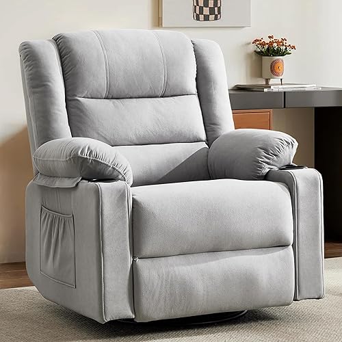 360°Swivel Rocker Recliner Chair for Adults,Manual Glider Recliner Sofa with Massage and Heating, Nursery Rocking Chairs with Cup Holds for Living Room Bedroom (Light Grey)