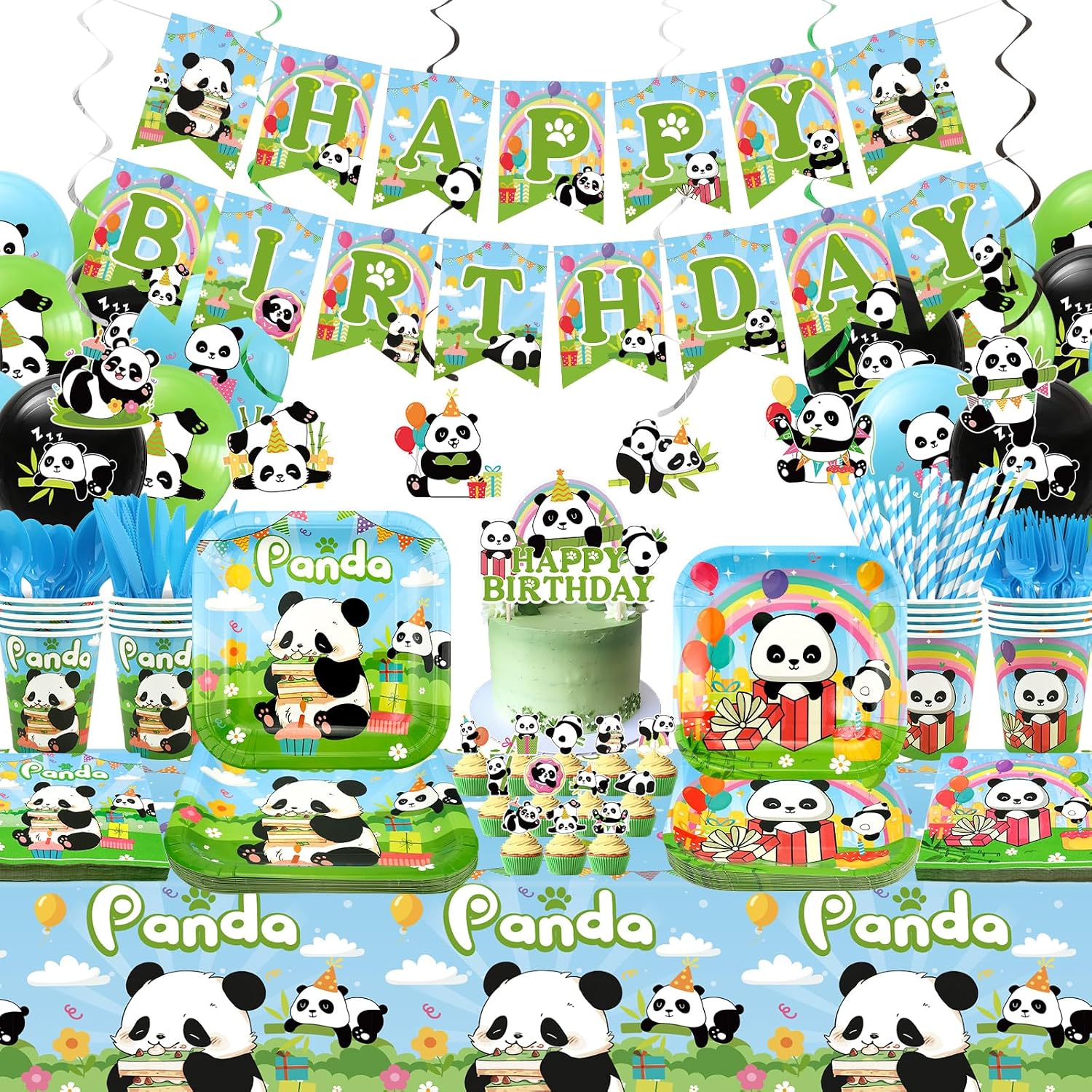 Panda Party Decorations - Panda Party Supplies including Banner, Plate, Cake Topper, Cup, Napkin, Balloon, Tablecloth - Serves 20