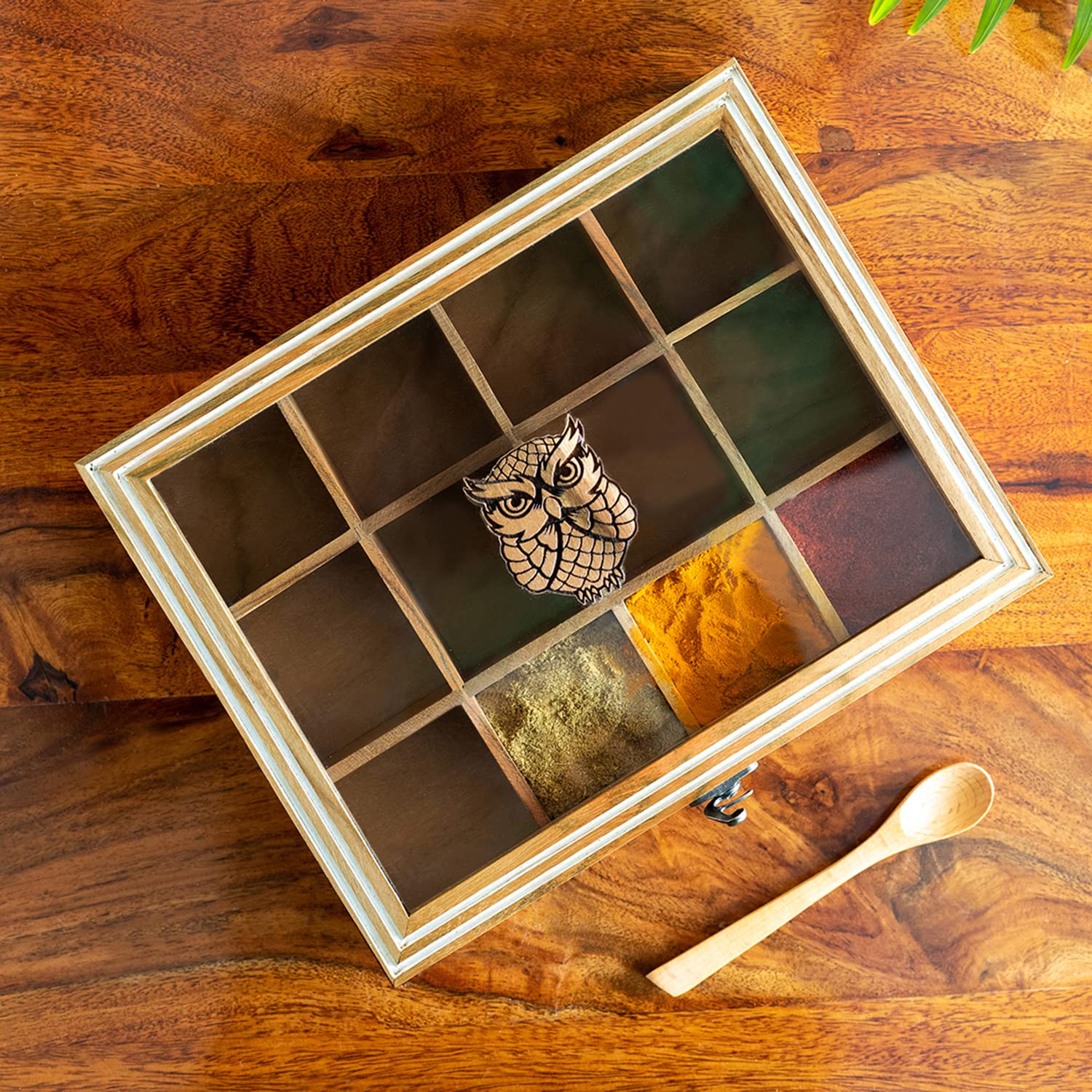 ExclusiveLane 'Mystic Owl' Wooden Masala Box For Kitchen Spice Box With Spoon (Teak Wood, 12 Fixed Partitions, 110 ML) | Hand-Engraved Teak Wood Masala Dani Spice Containers.