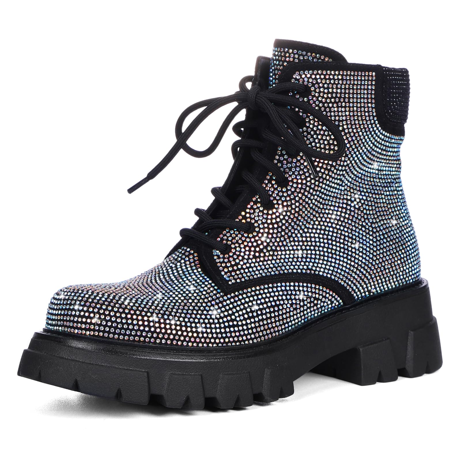 Wavyvigs Rhinestone Combat Boots Platform Chunky Heel Lace Up Ankle Boots Side Zipper