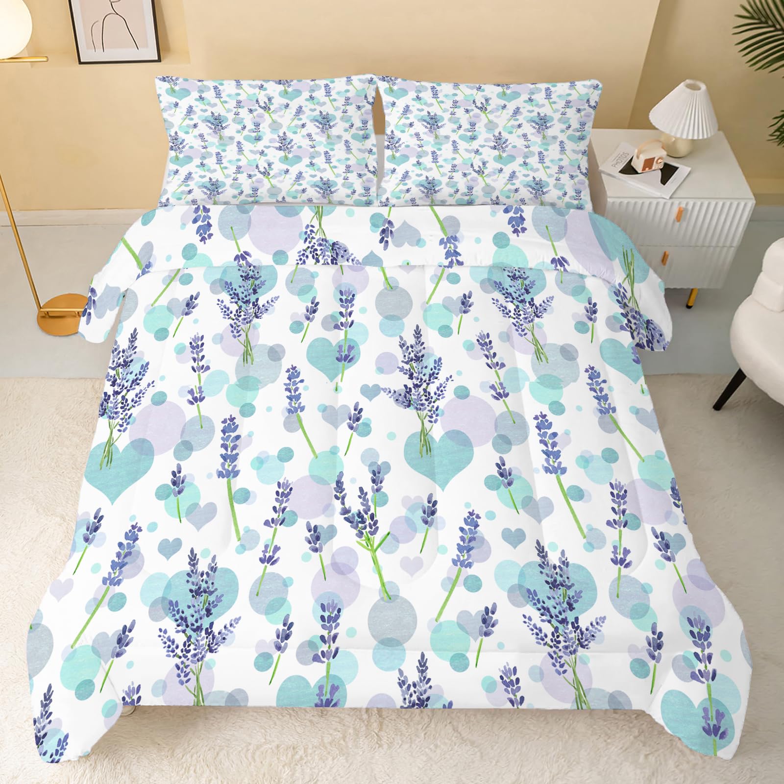 Lila Lavendel Bettdecke 135x200 4 Jahreszeiten, Wende Steppdecke 135x200, Warme Ganzjahresdecke Blaue Kreise Bettdecke ohne Bezug Waschbar Schlafdecke mit 2 Kissenbezug 80x80cm