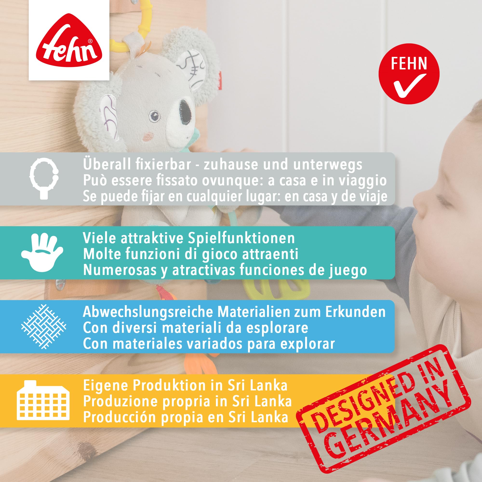 Fehn Attività orso - Giocattoli motori per passeggini, lettini e seggiolini auto - da mordere, afferrare e produrre rumori - per neonati e bambini a partire da 0+ mesi