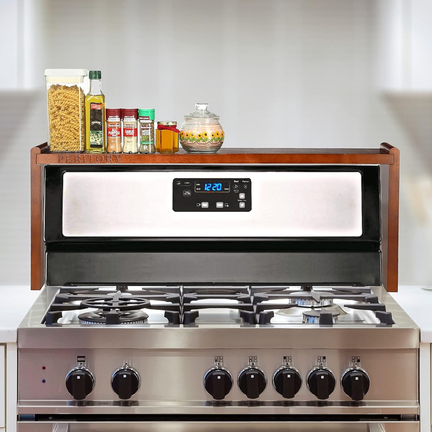 PERITORY Walnut Wood Stovetop Shelf 5.5" Deep Stove Spice Rack Organizer For Back