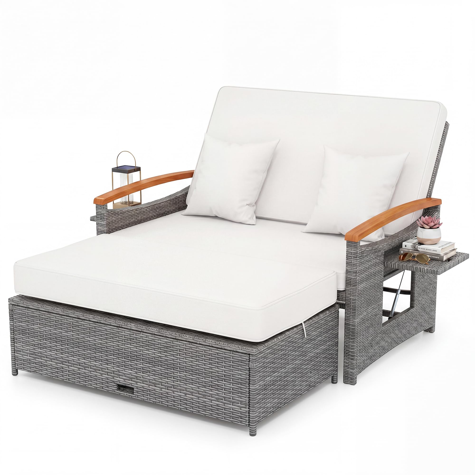 Bain de soleil rotin PE LIFEZEAL avec dossier inclinable 4 positions et table