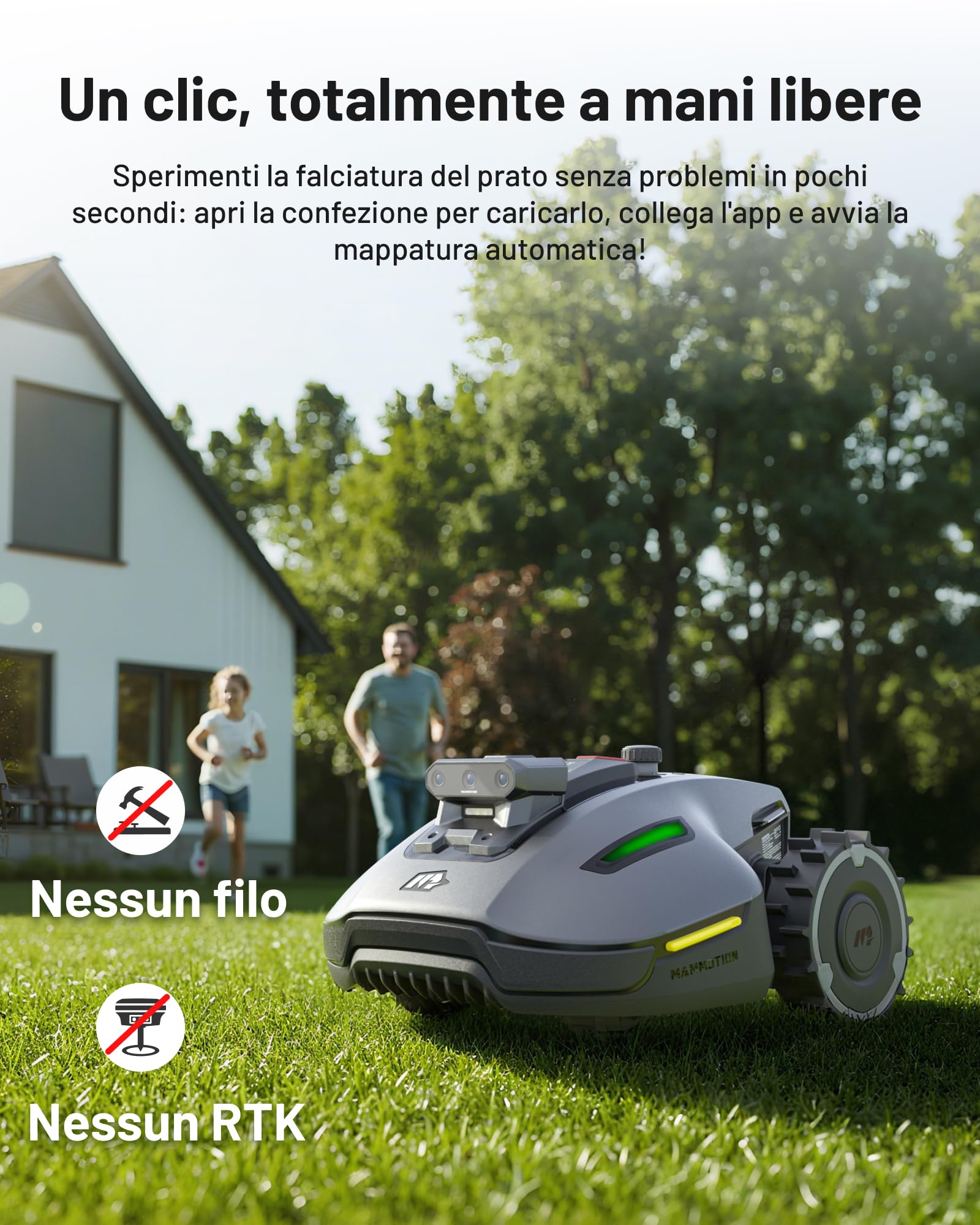 Mammotion YUKA mini Vision Robot Tagliaerba Senza Filo Perimetrale, Senza RTK, Navigazione AI Vision a Tripla Telecamera, Max.700 m², Mappatura Automatica, Controllo via App o Voce, Pendenze 45%
