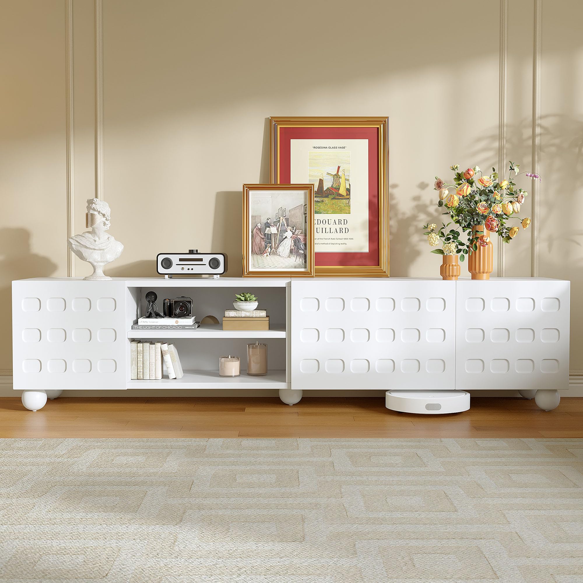 Mueble bajo para TV (200 x 40 x 44 cm, 3 puertas, con diseño impreso, 5 patas, 200 cm, apto para televisores de hasta 80 pulgadas), color blanco