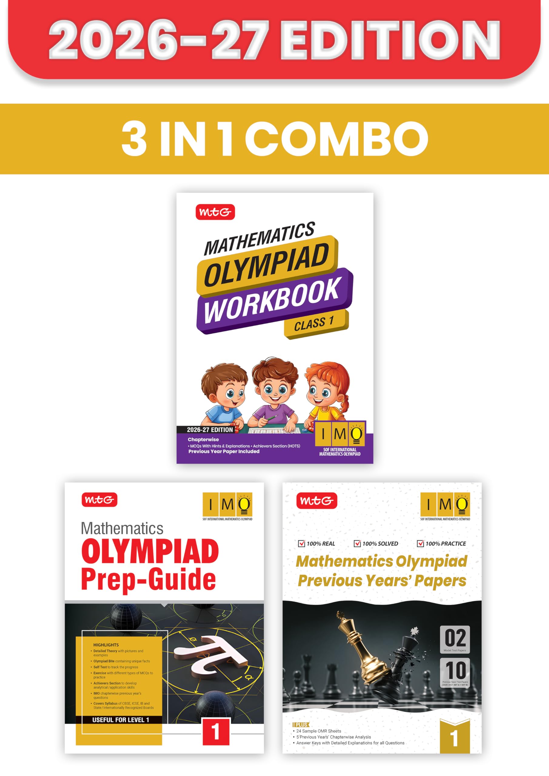 MTG Mathematics Olympiad (IMO) Workbook, Prep Guide & Previous Years Papers Class 1 (PYQs) with Mock Test Paper - SOF Olympiad Books For 2026-27 Exam (Set of 3 Books)