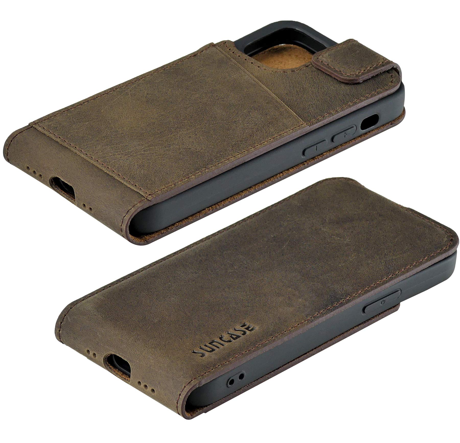 Suncase Custodia In Vera Pelle Per IPhone 12 Mini (5.4), Sottile, Con Linguetta Di Estrazione, Colore Marrone Anticato, Fatta A Mano - 5