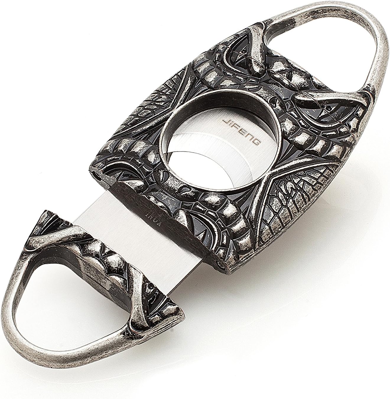 JiFENG(Cobra-Vintage Silver) - All Metal Construction Carved Cobra Pattern Vintage Silver Cigar Cutter/Scissor with 2 Blades