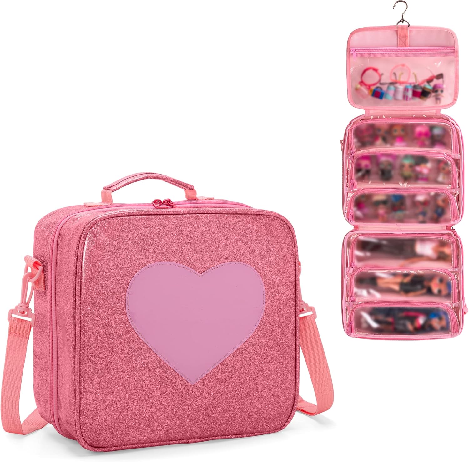 LoDrid Doll Carrying Case Compatible with LOL Surprise OMG, Display Organizer Compatible with Big Sister 3-inch Dolls with a Hanging Hook and 7 Clear Zipper Pockets, Bag Only, Pink(Patent Design)