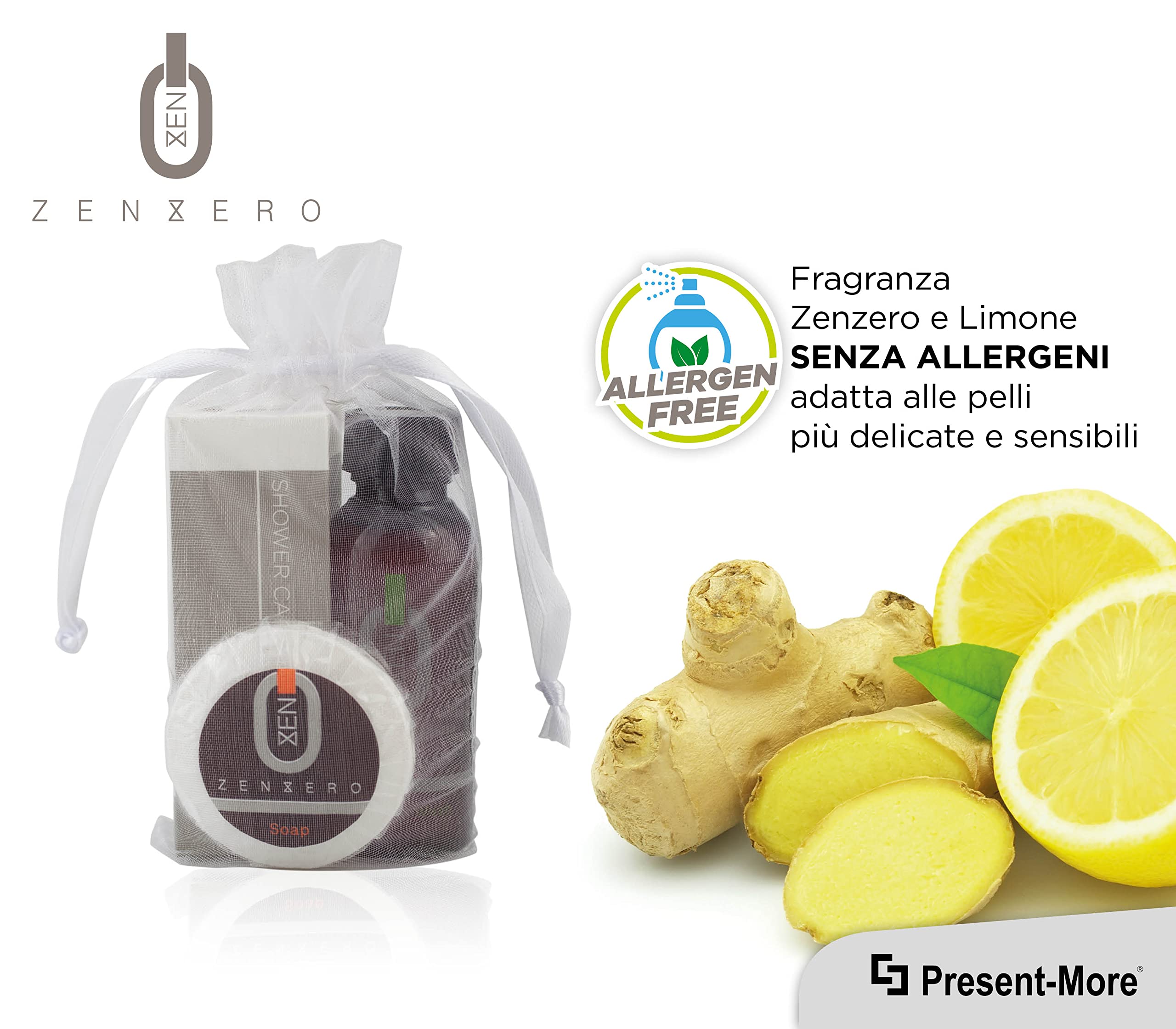 Present-More Amenities Kit Zenzero - Prestige Kit Toilettenartikel 100 Gäste für Hotels und B&B | Allergenfreie Amenities Kit mit Duftnote Ingwer und Zitrone