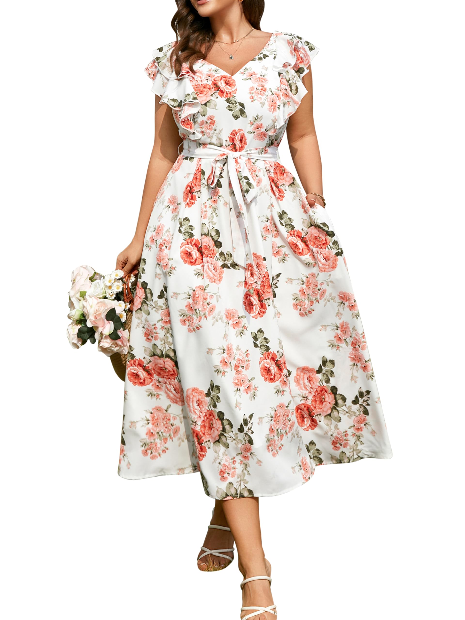 Womens Plus Size Summer Floral Maxi Dress Formal V Neck Wedding Guest Party Beach Vacation Long Dresses with Pocket