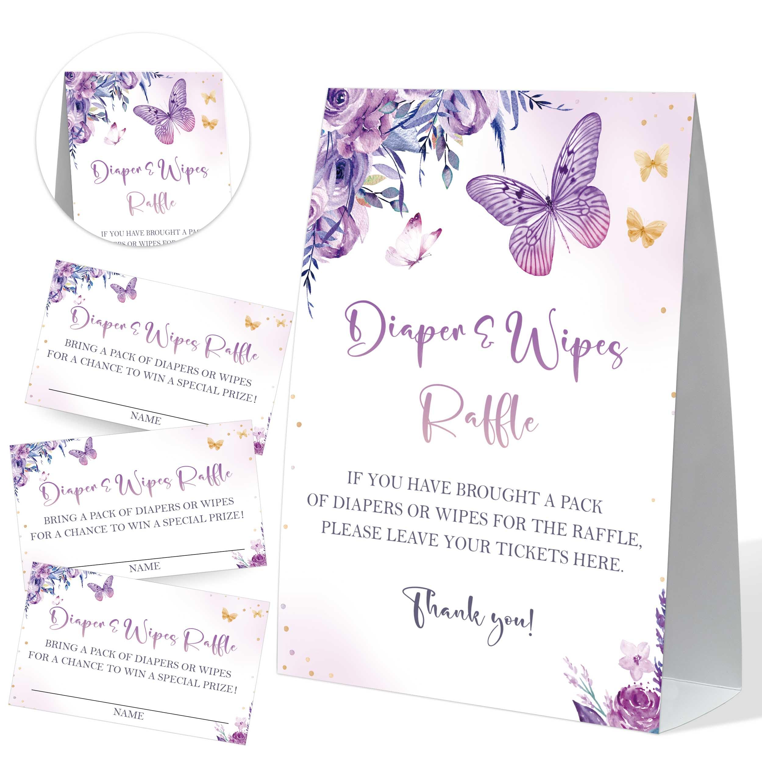 Amazon.com: Purple Butterfly Diaper Raffle Sign and 50 Pieces Diaper ...
