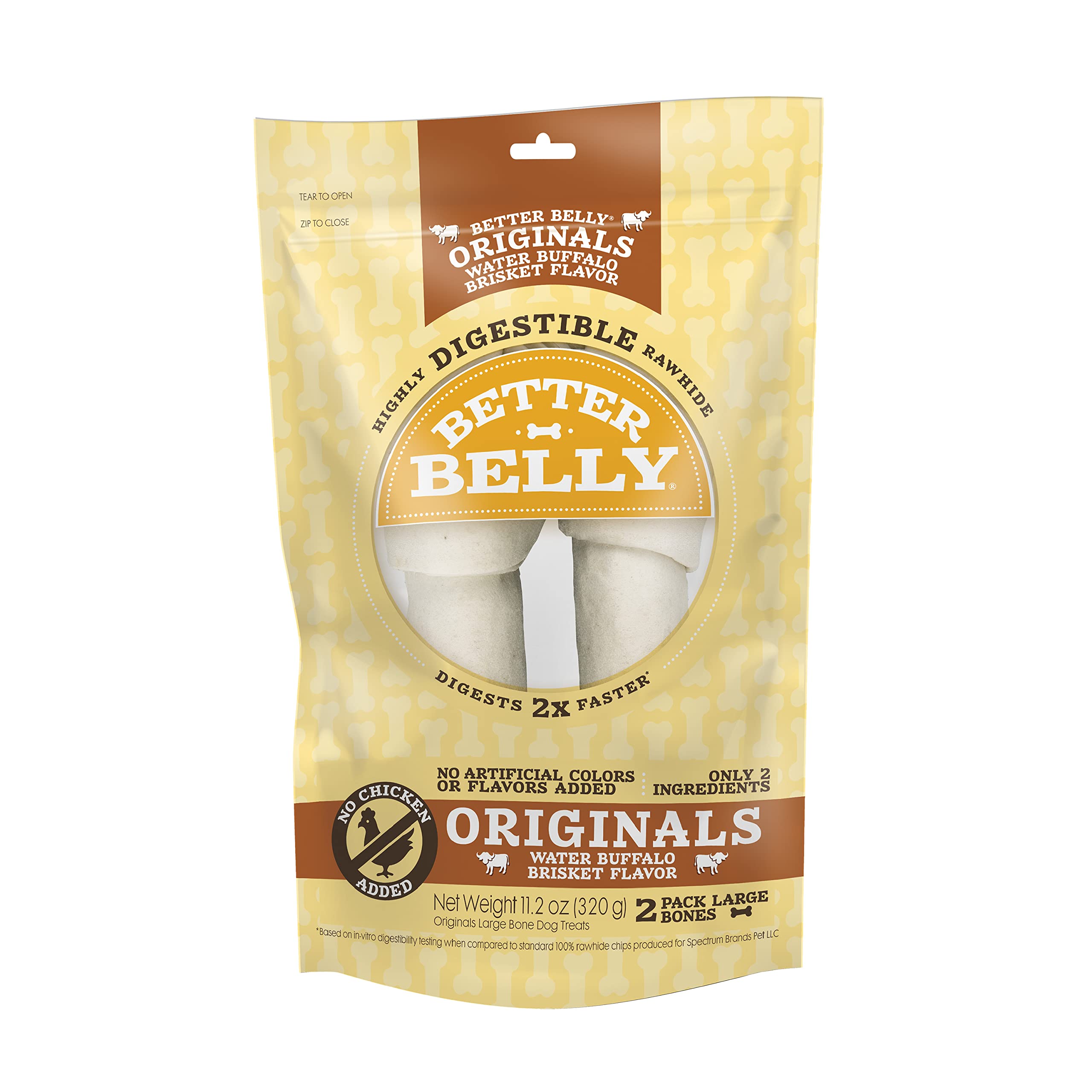 Better Belly Rolls Originals Water Buffalo Flavor Large Bones, 2 Count, Great Digestible Rawhide