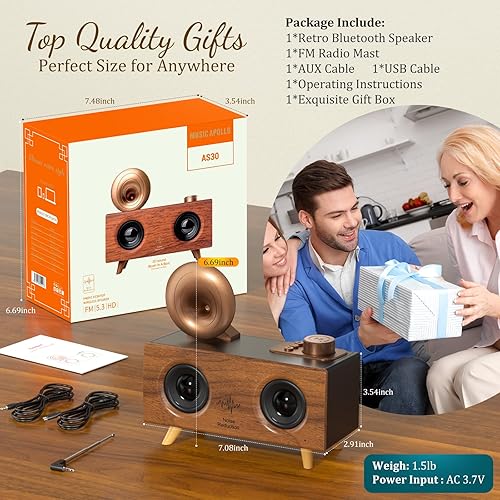 Miniatura 6 de Altavoz Bluetooth de estilo vintage y radio AMFM (5.3, USBTFAUX, recargable), altavoz inalámbrico retro portátil para el hogar y al aire libre