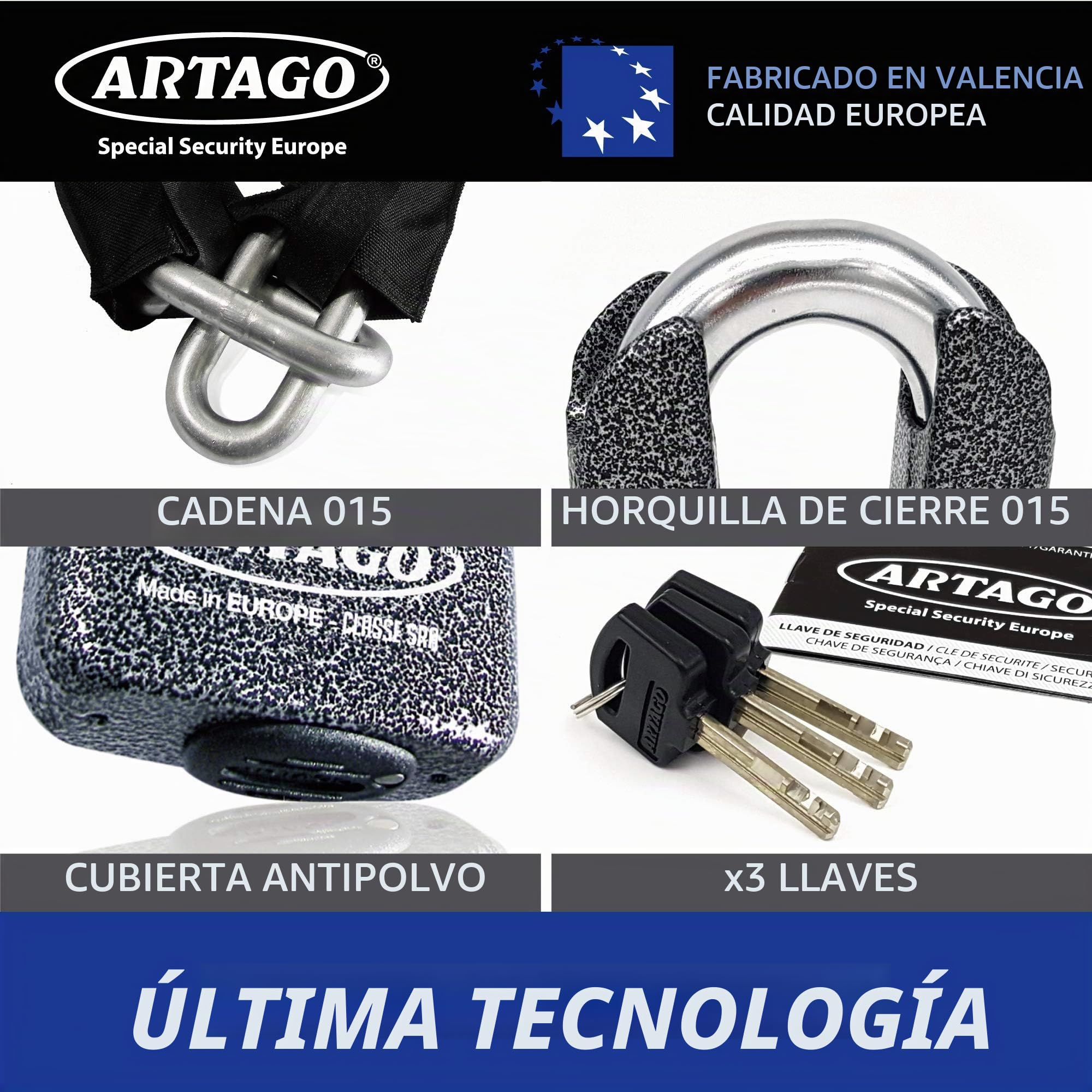 Artago 69T100 Cadena Antirrobo Moto Pesada + Mini U,Maxima Seguridad Homologada SRA, Sold Secure Gold, ø15mm 100cm, Candado Mini U Acero Forjado MONOBLOK, Máxima Seguridad Testada, BUNKER SELECTION