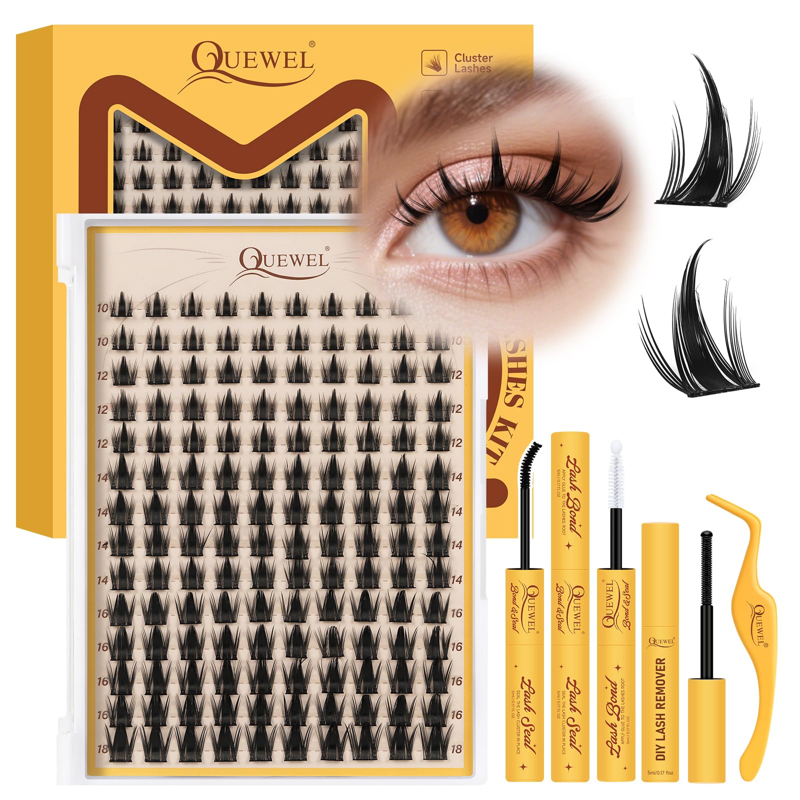 QUEWEL Manga Lashes, 140PCS, 10-18MM DIY Wimpernverlängerung mit Kleber, Pinzette und Entferner, Wimpernverlängerung Kit für den täglichen Gebrauch und Party (Fee A-Kit)