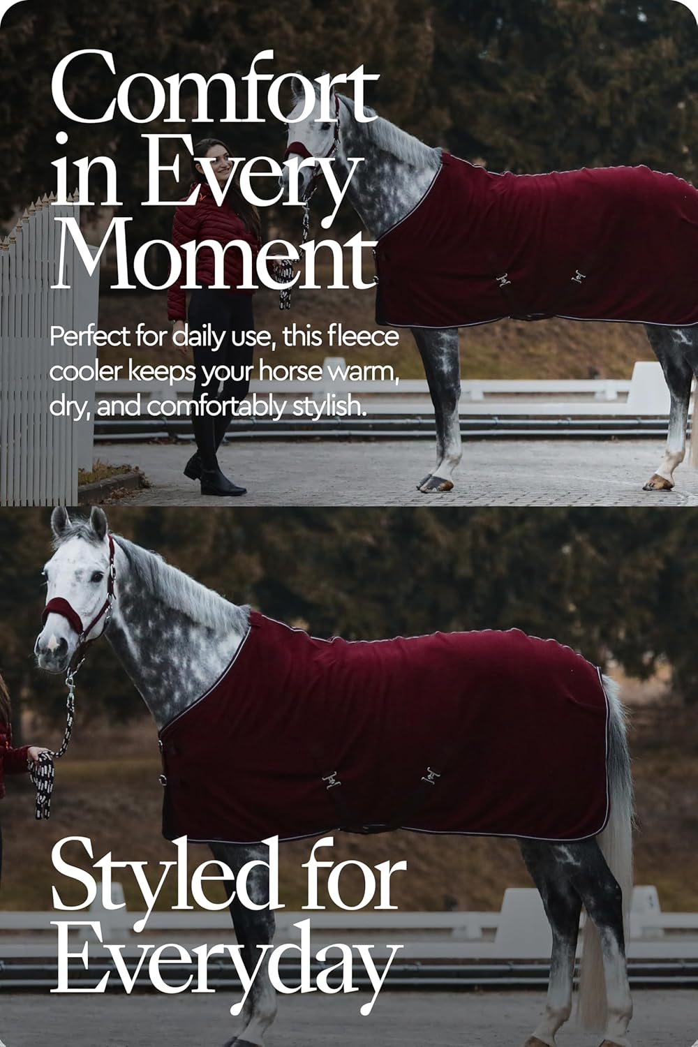 HORZE Kiel Fleece Horse Cooler Blanket | Quick-Dry Fleece Horse Cooler Sheet with X-Surcingles & Tail Cord - Dark Red - 81 in