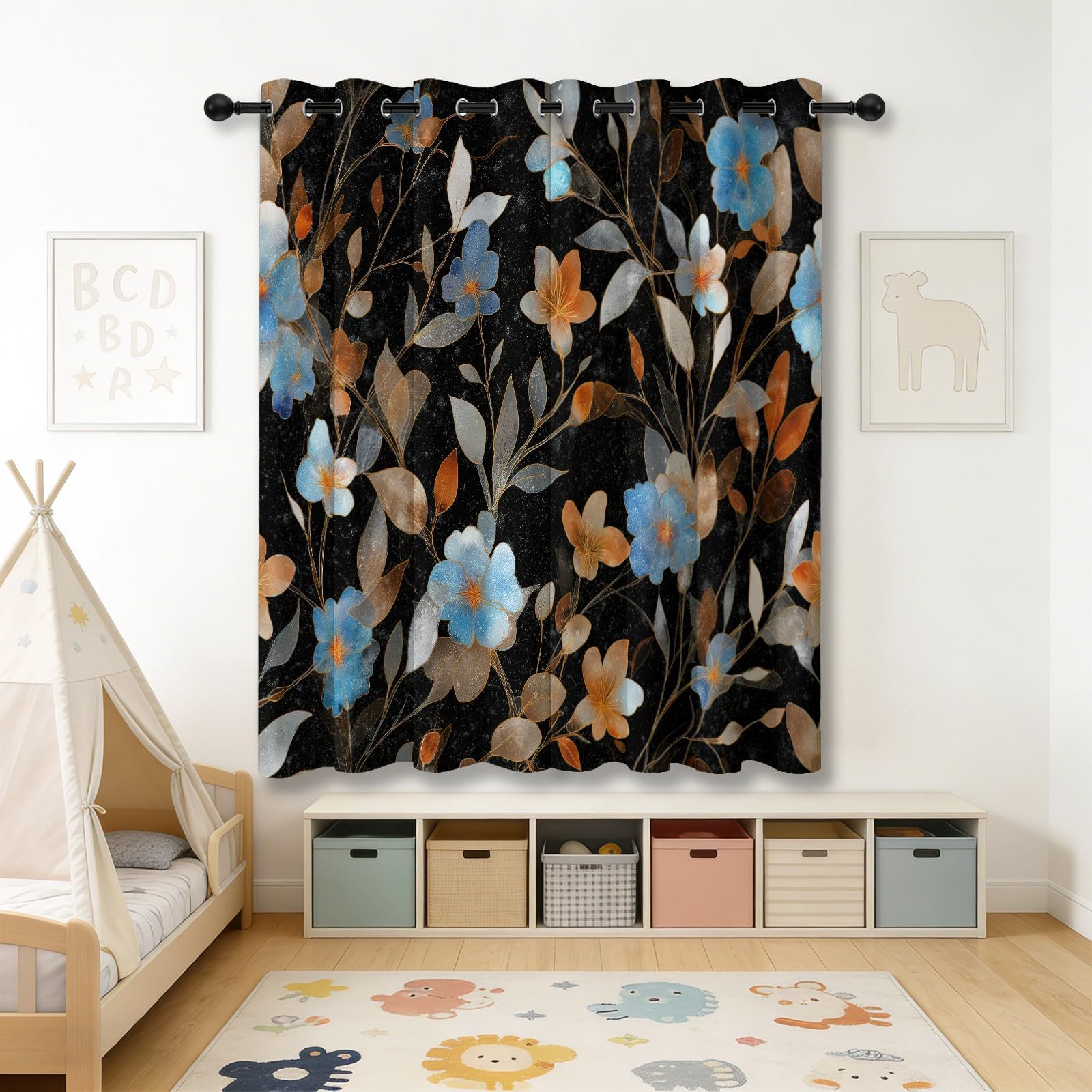 Generisch Natur Landhausstil Verdunkelungsvorhang, Aquarell Blume Blatt Bedruckter Wärmeisoliert Vorhänge mit Ösen, Schwarz Vorhang für Schlafzimmer Wohnzimmer, H140 x B90 cm x 2 Vorhänge