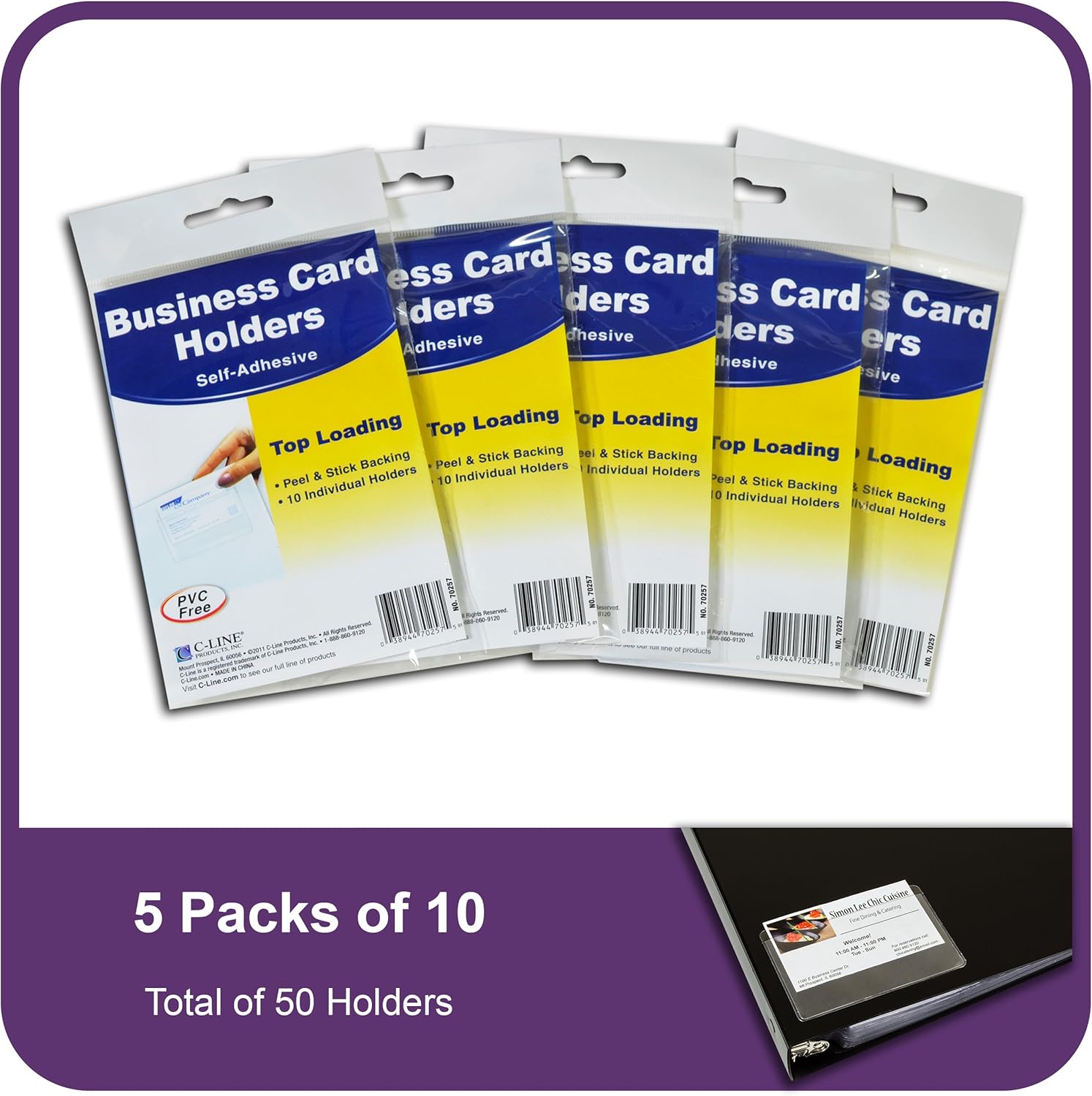 C-Line Self-Adhesive Business Card Holders, Top Loading, 2 x 3.5 Inches, Clear, 5-Packs (70257-5)