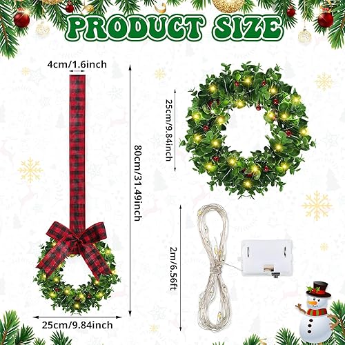 Miniatura 2 de 12 coronas de boj con lazo, corona de Navidad con luces LED, corona de Navidad sintética con bayas rojas, corona colgante artificial para decoración