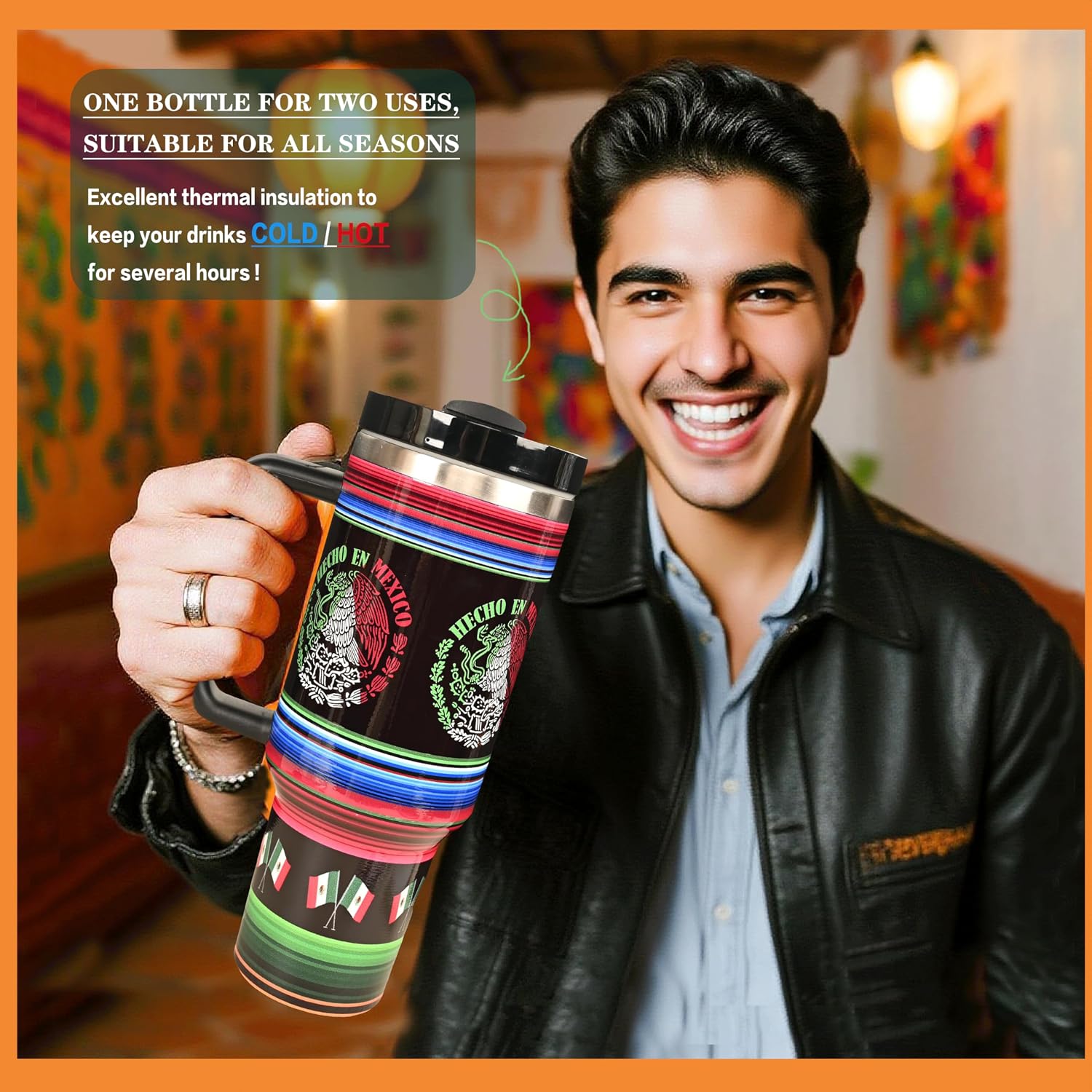 40oz Mexican Tumbler with Flag Design, Stainless Steel Insulated Travel Mug with Handle & Straw Lid, Leakproof & Cup Holder Friendly Reusable Gift（Flag）
