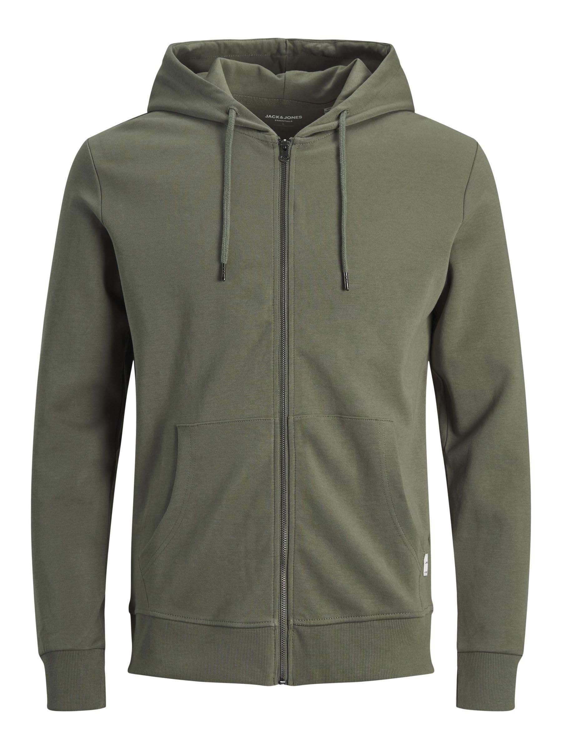 JACK & JONES Male Hoodie with Zip, Plain Hoodie with Zip, Dusty olive/fit: regular, XXL