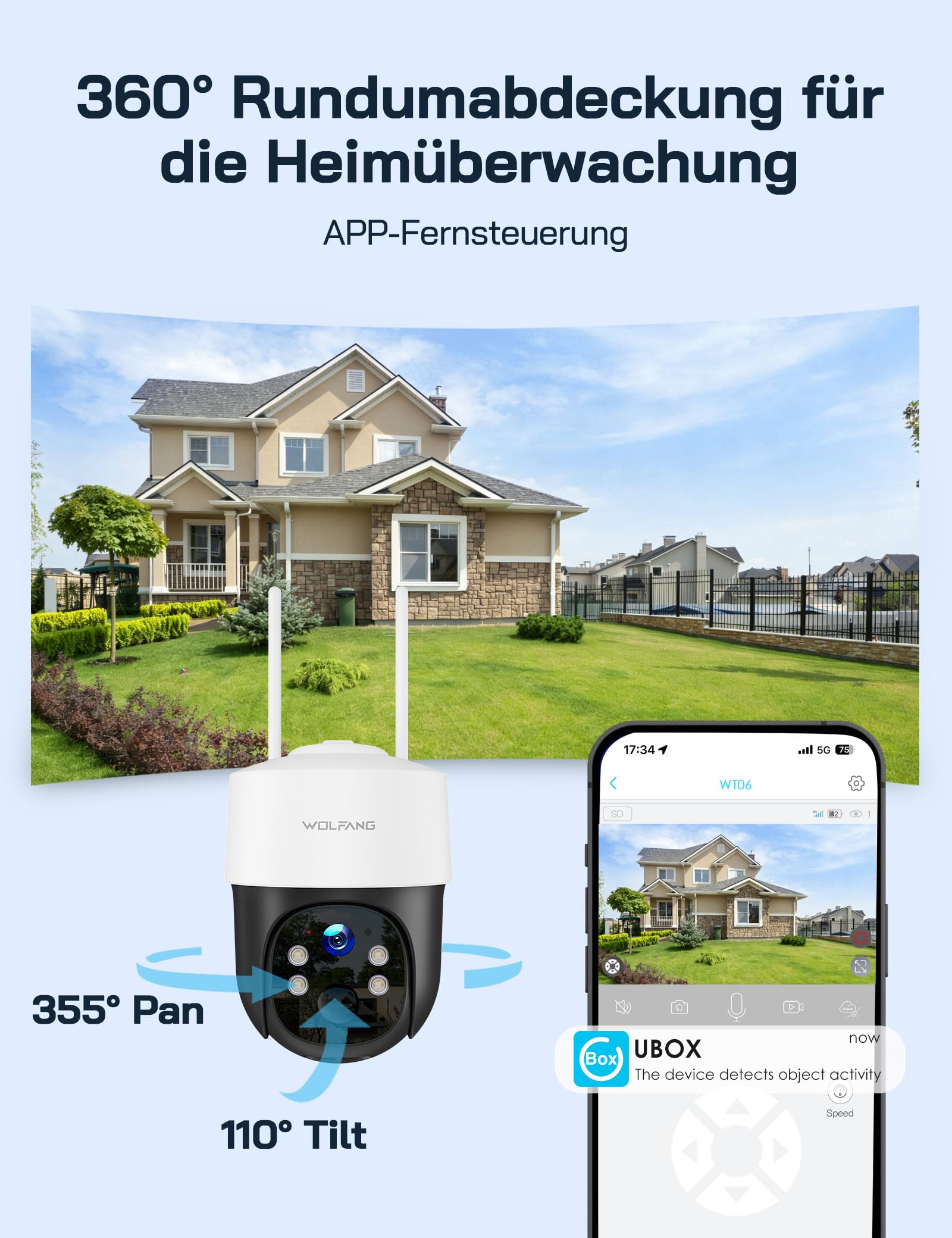 WOLFANG 4G LTE Wildkamera Solar, 2.5K Wildkamera mit Handyübertragung App, 0,2s PIR Auslösezeit, Bewegungsmelder & Echtzeitalarm, Infrarot Nachtsicht, 8000mAh Akku, 32GB microSD-Karte, IP66