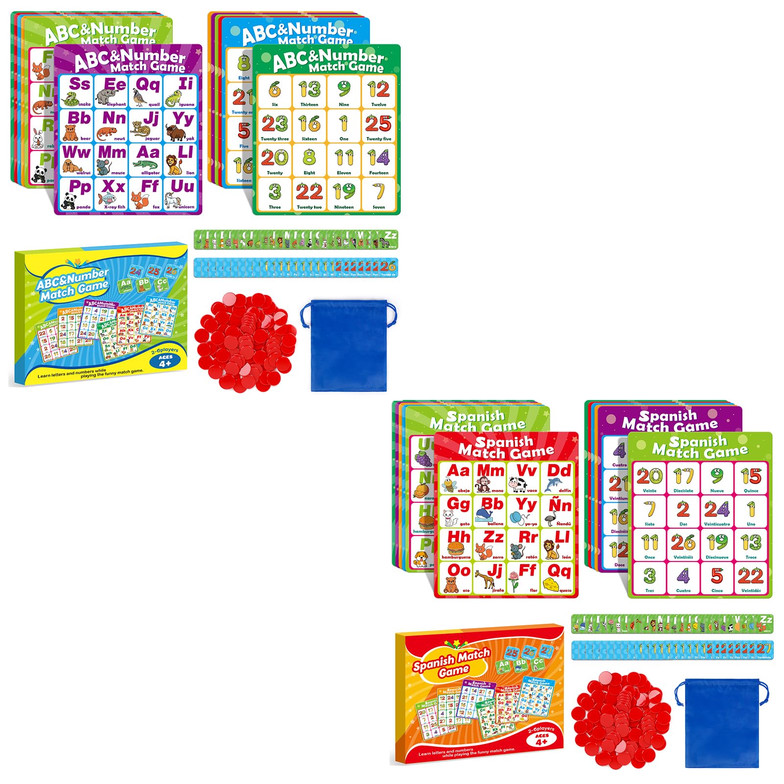 SpriteGru Juego De Bingo En Español, 12 Tableros De Bingo Con Letras, Números Y Palabras En Español, Juego Educativo Para Aprendizaje De Idiomas - Edades 4 Años En Adelante