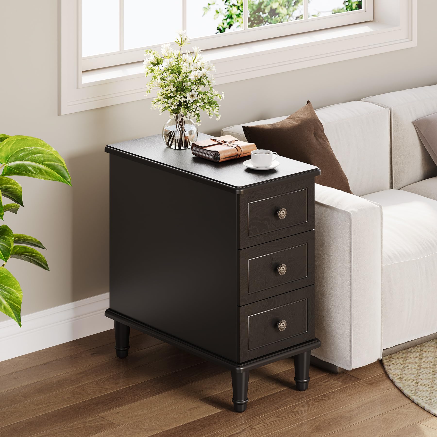 LITTLE TREE Fully Assembled End Table, Set of 2, Narrow Bedside Table with 3 Drawers, Vintage Nightstand for Small Spaces, Living Room, Bedroom, Black